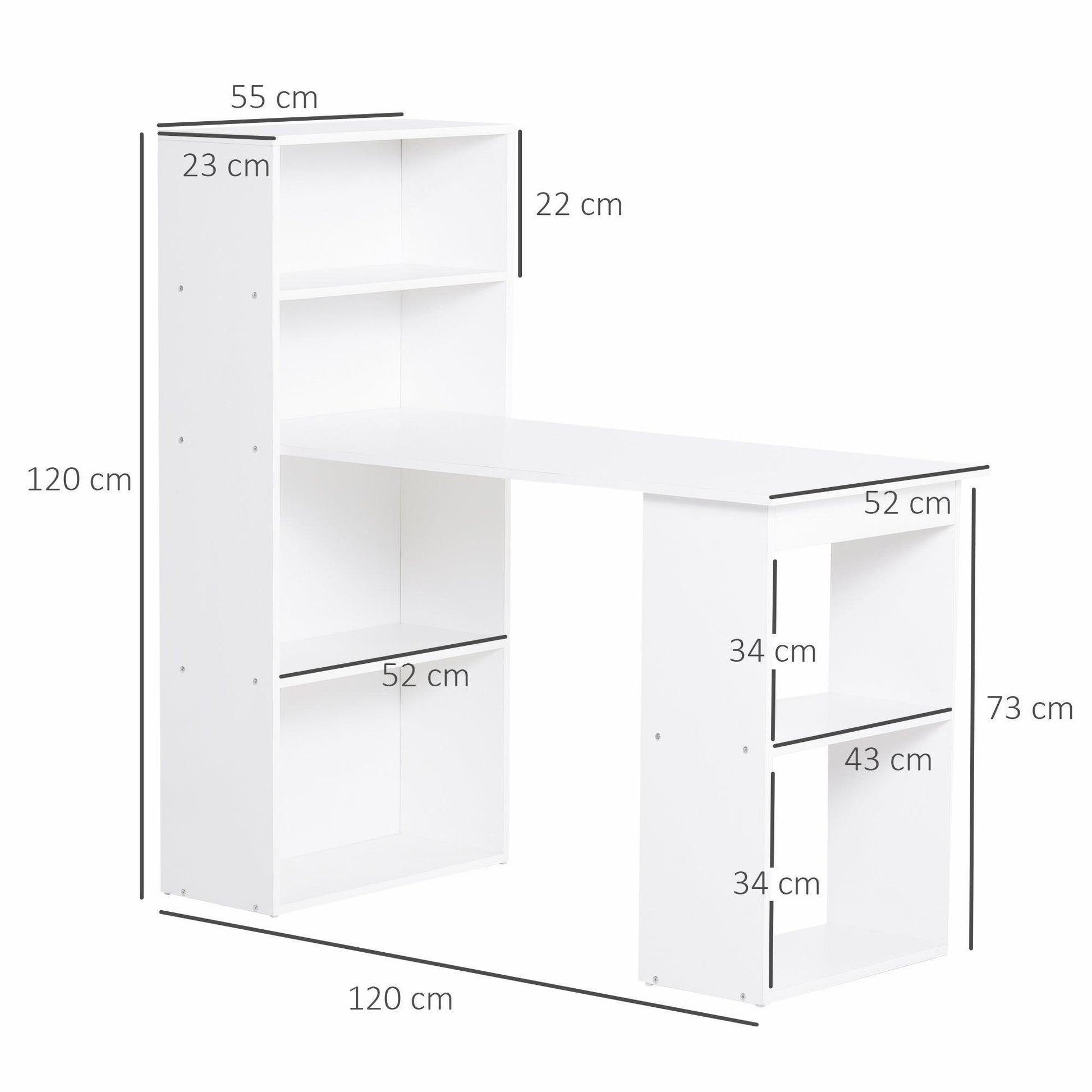 HOMCOM Modern White Computer Desk with Bookshelf - 6 Shelves - ALL4U RETAILER LTD