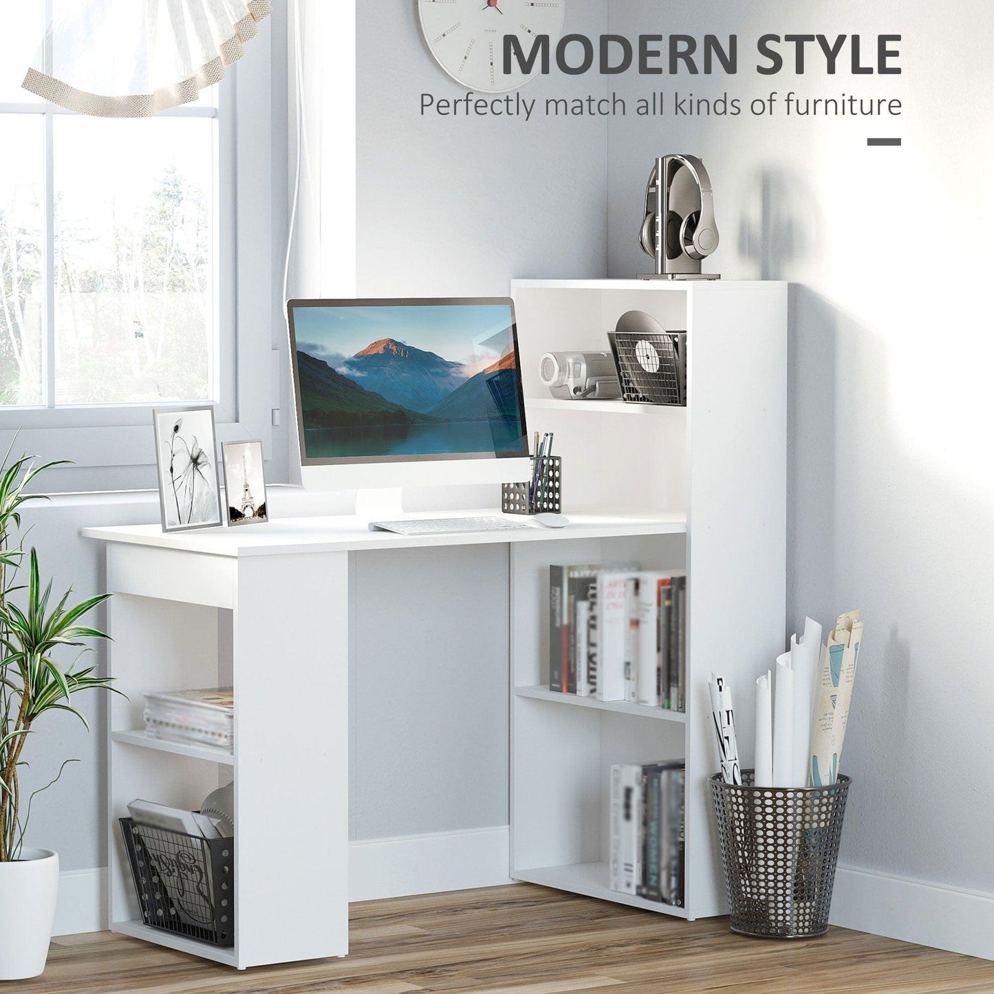 HOMCOM Modern White Computer Desk with Bookshelf - 6 Shelves - ALL4U RETAILER LTD