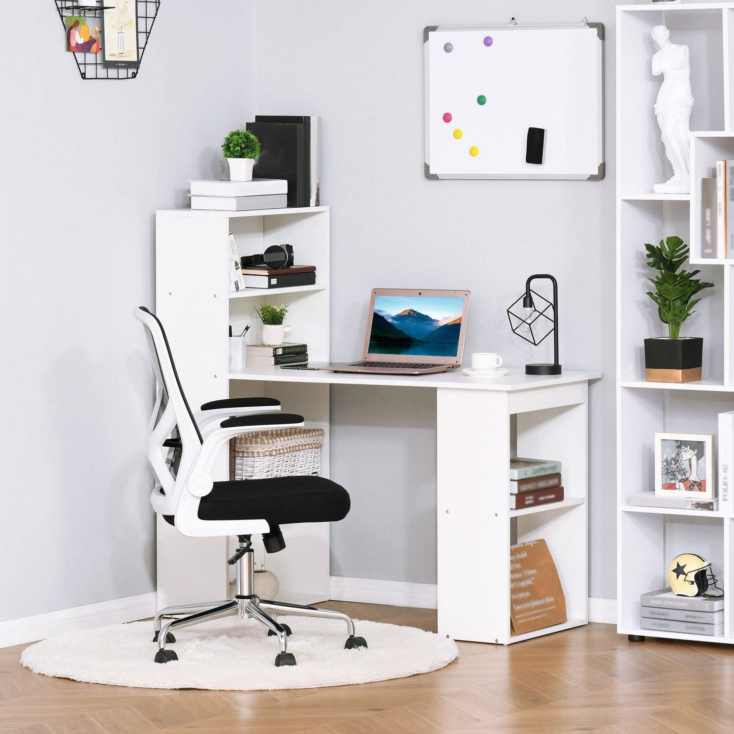 HOMCOM Modern White Computer Desk with Bookshelf - 6 Shelves - ALL4U RETAILER LTD