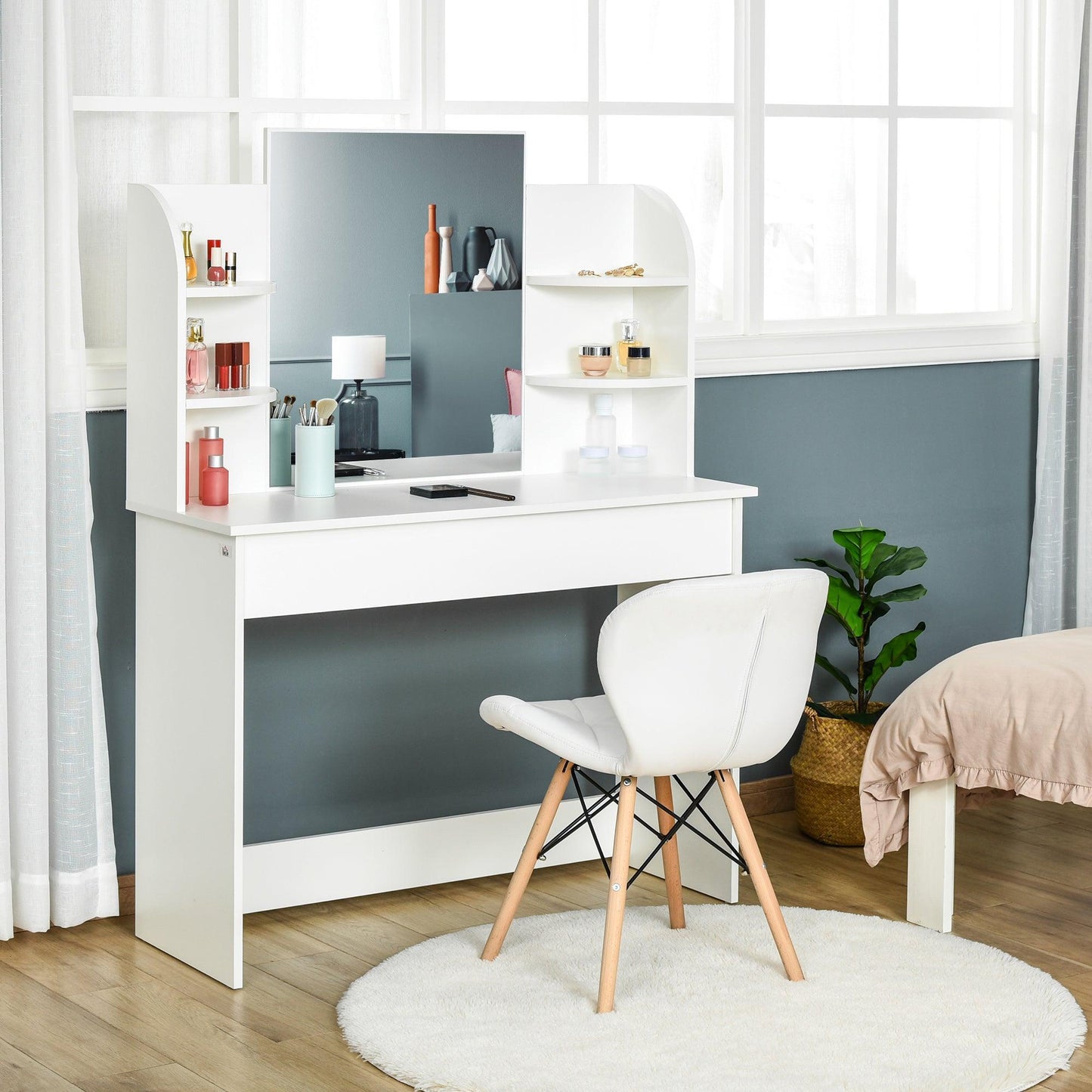 HOMCOM Modern White Dressing Table with Mirror & Drawers - ALL4U RETAILER LTD