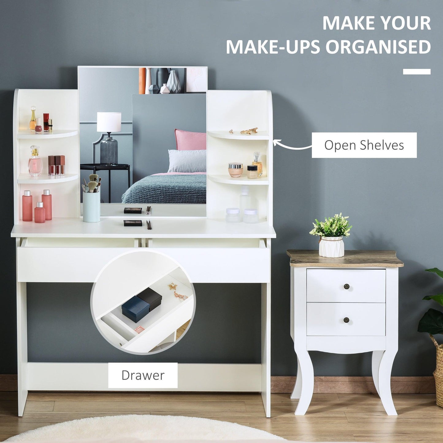 HOMCOM Modern White Dressing Table with Mirror & Drawers - ALL4U RETAILER LTD