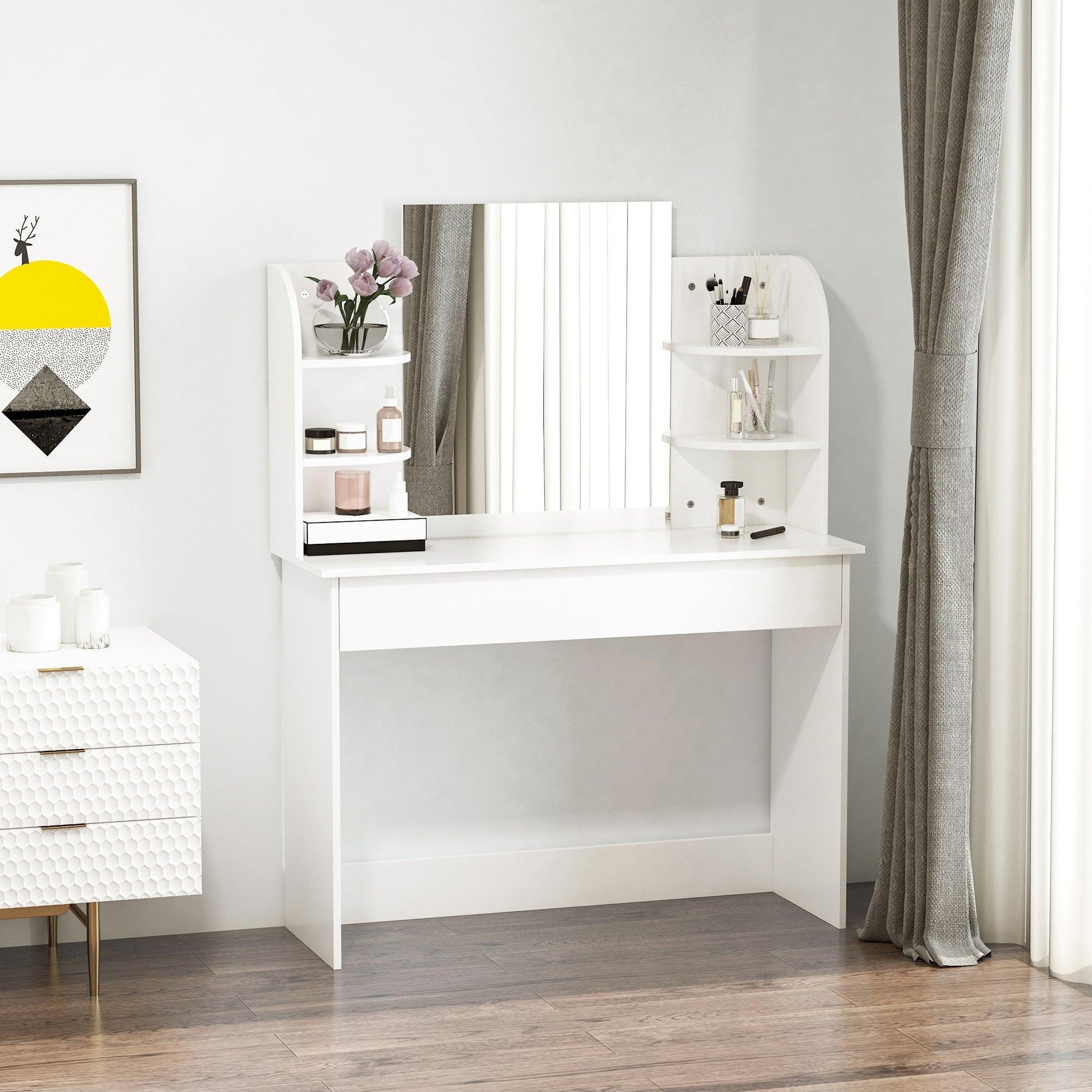 HOMCOM Modern White Dressing Table with Mirror & Drawers - ALL4U RETAILER LTD