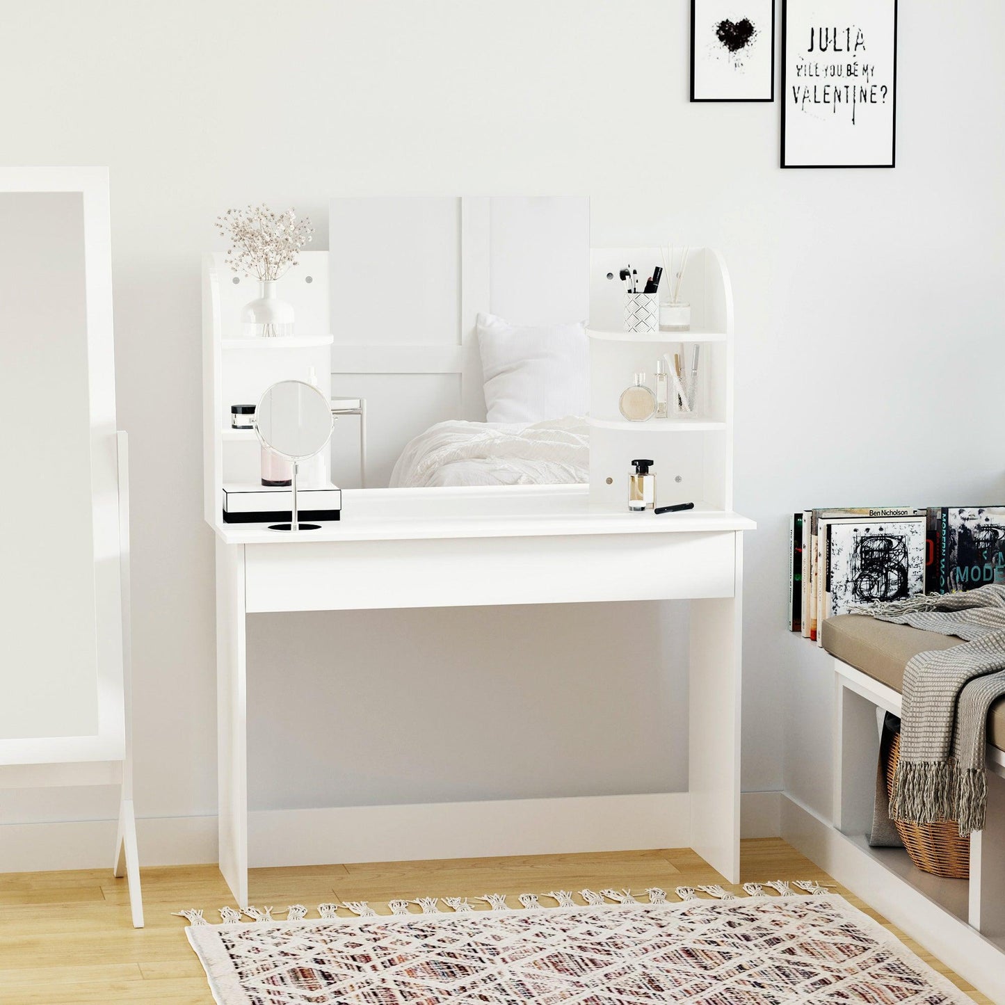 HOMCOM Modern White Dressing Table with Mirror & Drawers - ALL4U RETAILER LTD