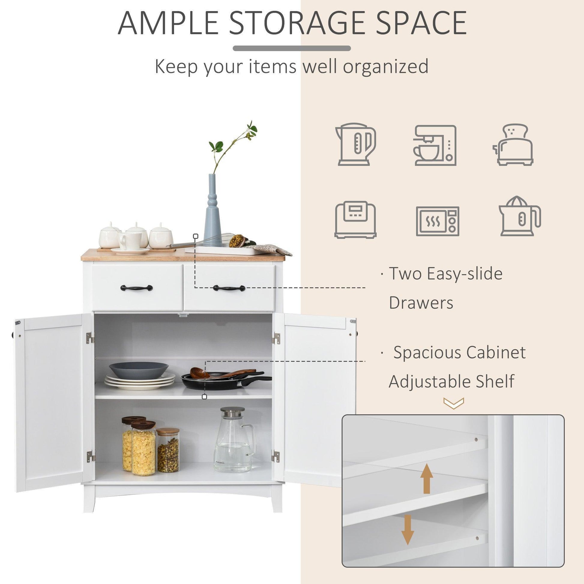 HOMCOM Modern White Kitchen Cupboard with 2 Drawers - ALL4U RETAILER LTD