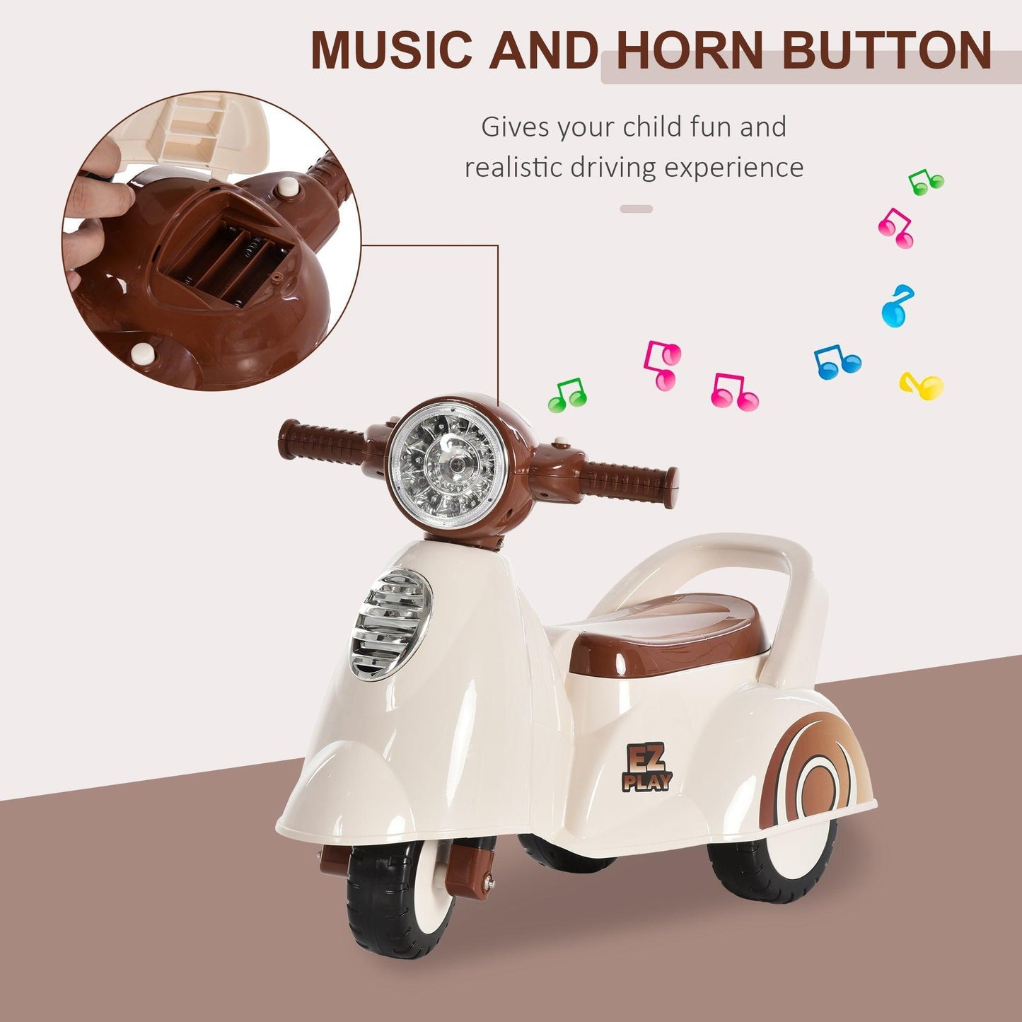 HOMCOM Musical Push Tricycle - White/Brown - ALL4U RETAILER LTD