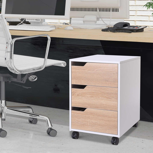 HOMCOM Oak & White Mobile File Cabinet - 3 Drawers - ALL4U RETAILER LTD