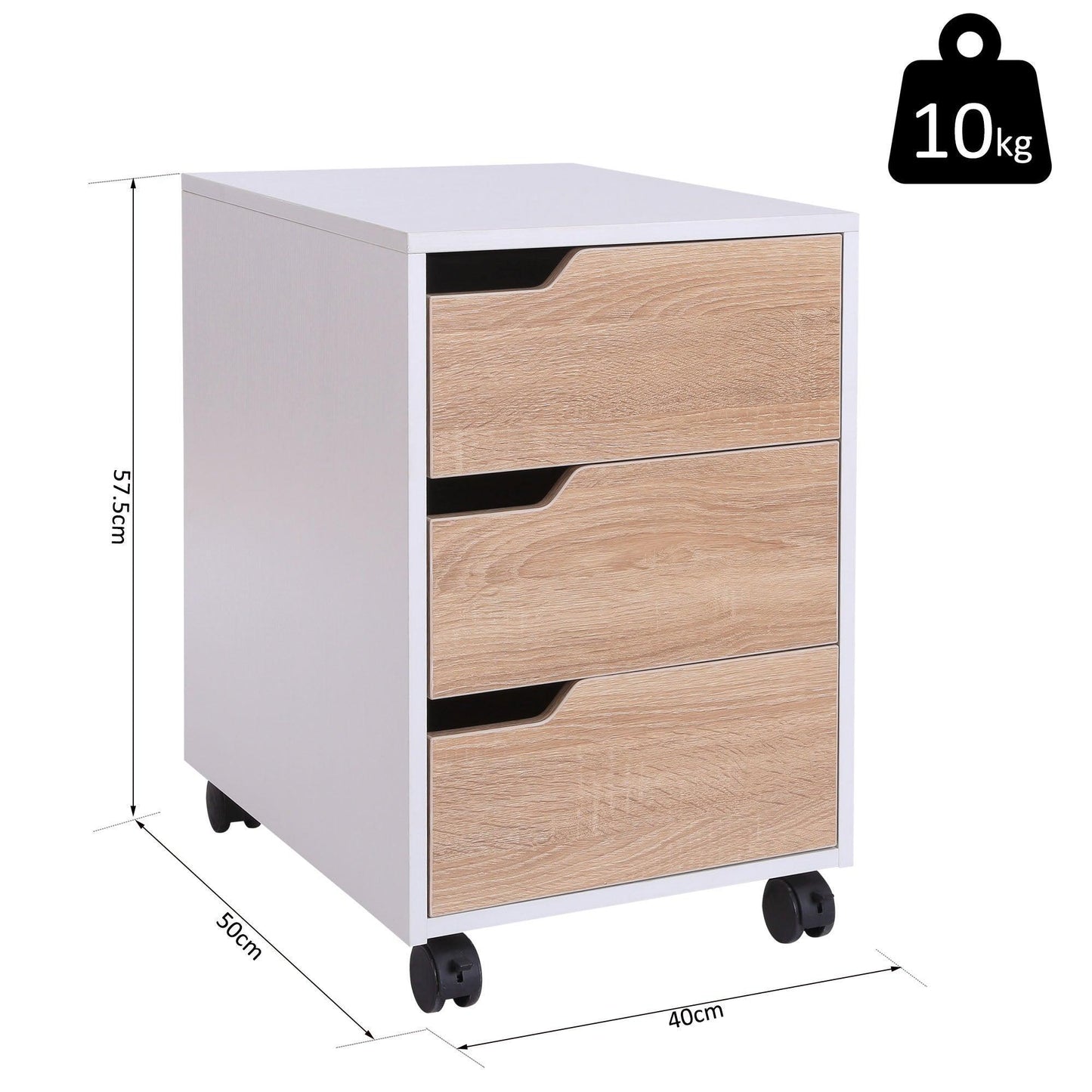 HOMCOM Oak & White Mobile File Cabinet - 3 Drawers - ALL4U RETAILER LTD