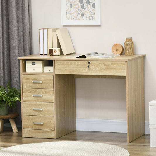 HOMCOM Oak Computer Desk with Lockable Drawer, Study or Home Office - ALL4U RETAILER LTD