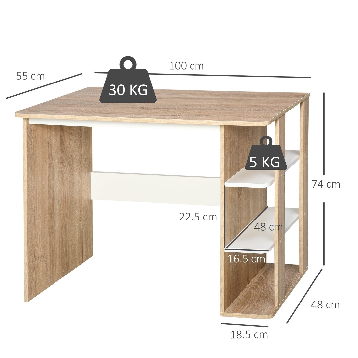 HOMCOM Oak Computer Desk with Side Shelves - 3-Tier Table - ALL4U RETAILER LTD