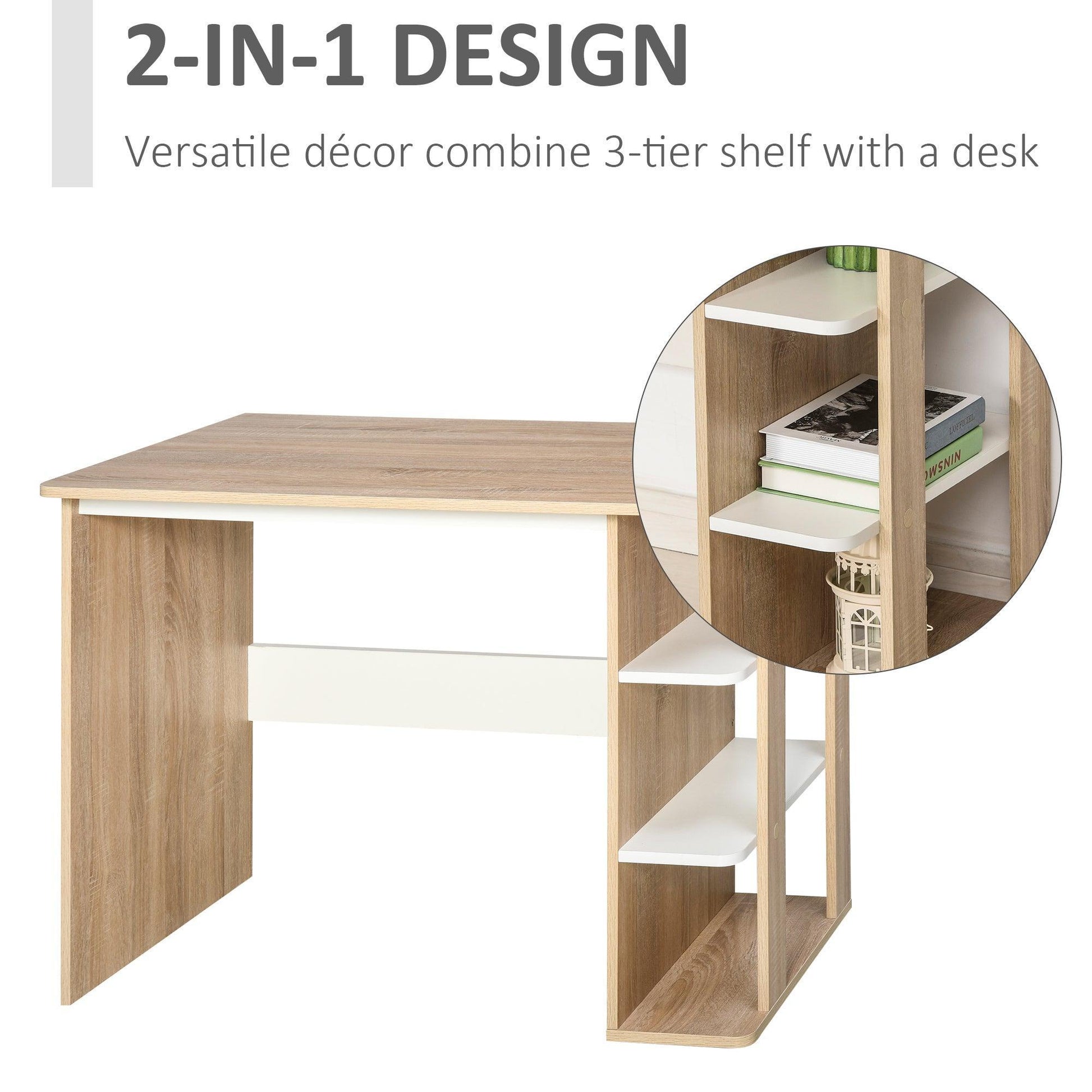 HOMCOM Oak Computer Desk with Side Shelves - 3-Tier Table - ALL4U RETAILER LTD