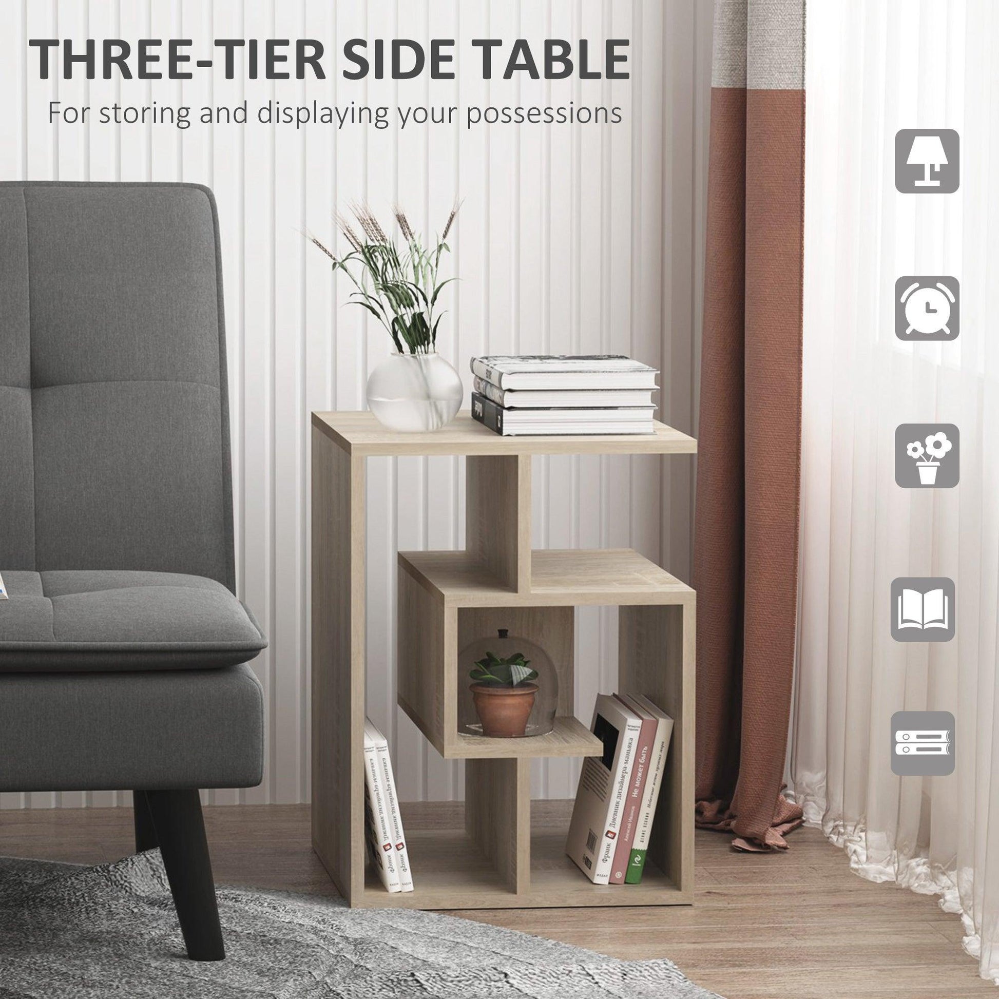 HOMCOM Oak Tone 3-Tier Side Table with Storage - ALL4U RETAILER LTD