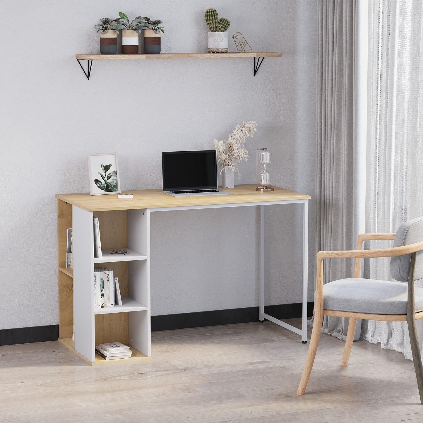 HOMCOM Oak Tone Computer Desk - Storage Shelves for Home Office - ALL4U RETAILER LTD