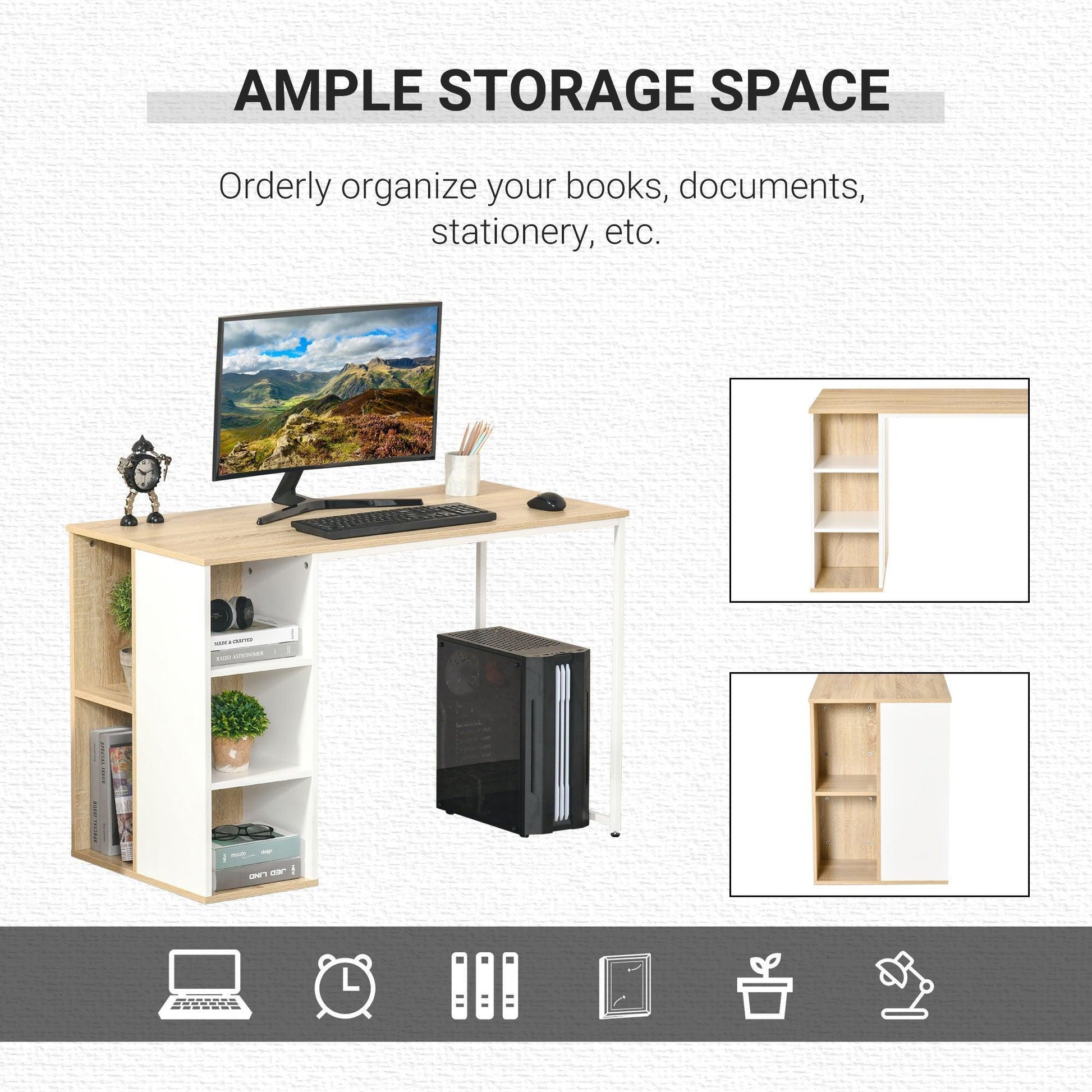 HOMCOM Oak Tone Computer Desk - Storage Shelves for Home Office - ALL4U RETAILER LTD