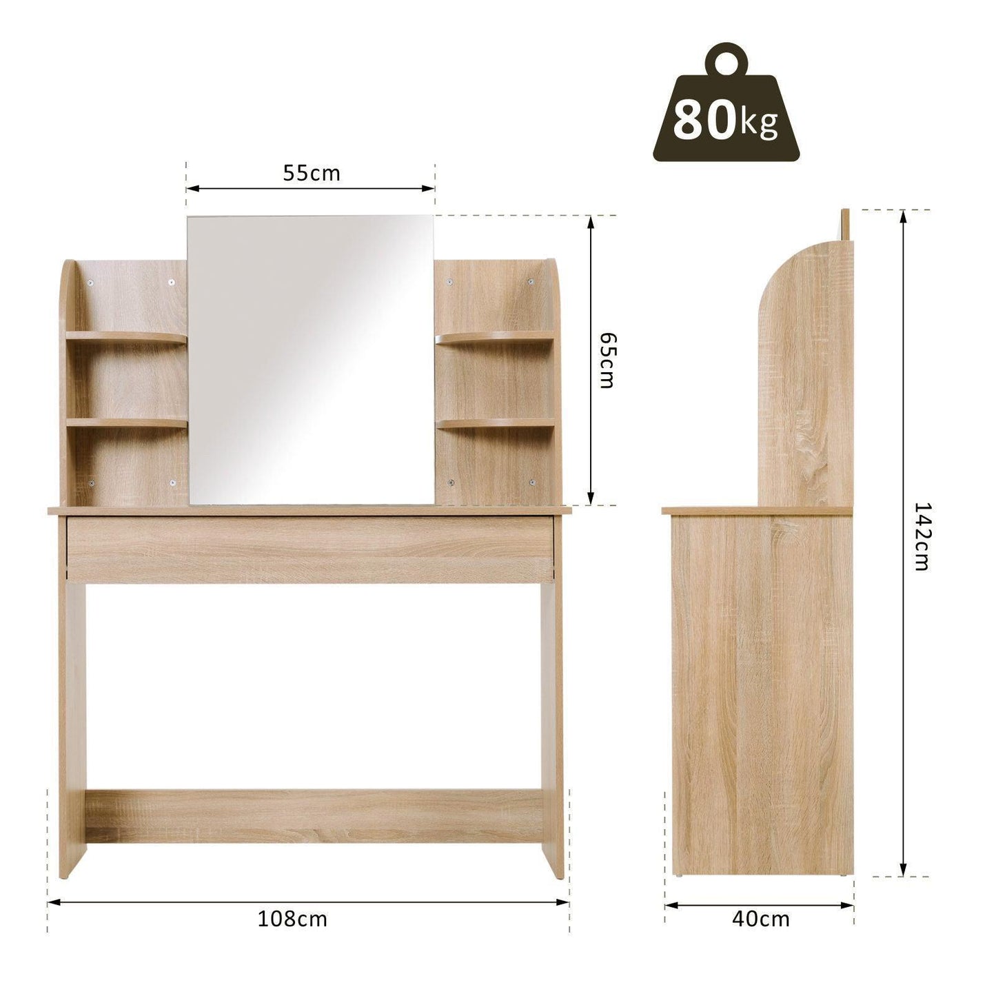 HOMCOM Oak Tone Makeup Table with Glass Mirror and Shelves - ALL4U RETAILER LTD