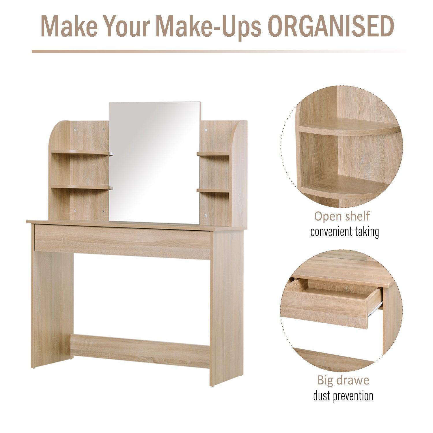 HOMCOM Oak Tone Makeup Table with Glass Mirror and Shelves - ALL4U RETAILER LTD