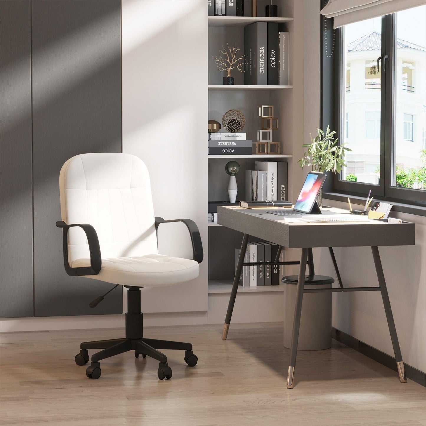 HOMCOM Office Chair: Swivel, PU Leather, Cream - ALL4U RETAILER LTD