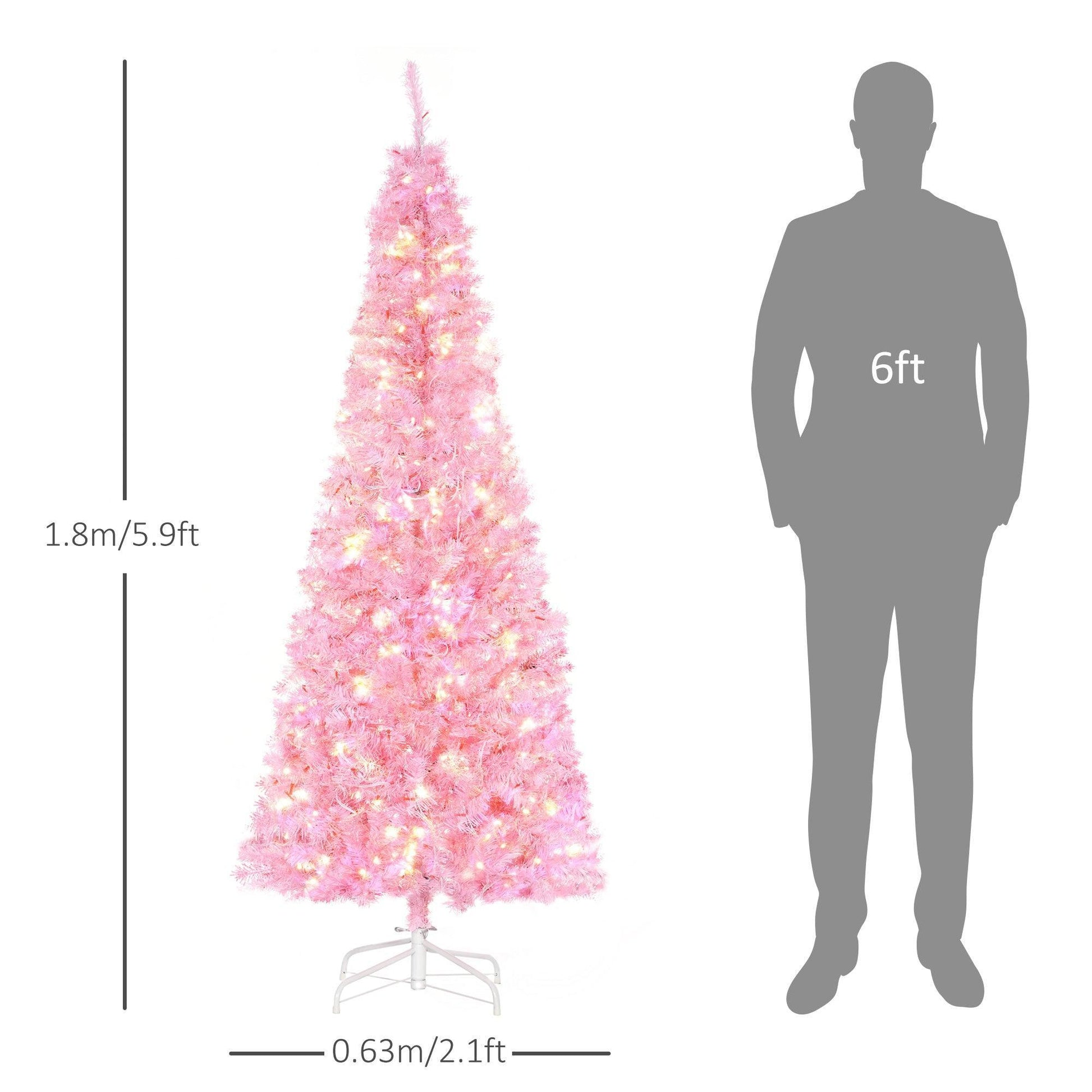 HOMCOM Pencil Slim Pink Christmas Tree with 300 LED Lights - ALL4U RETAILER LTD