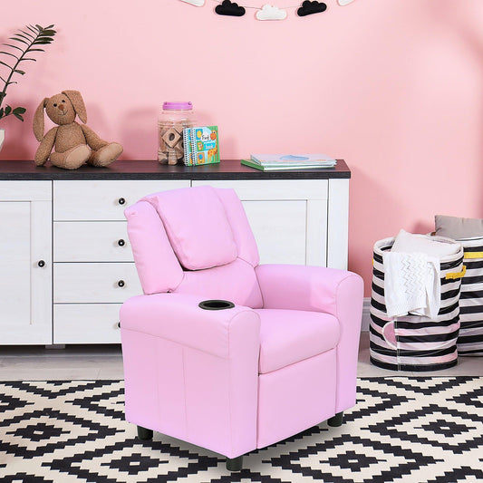HOMCOM Pink Children's Recliner Armchair with Cup Holder - ALL4U RETAILER LTD