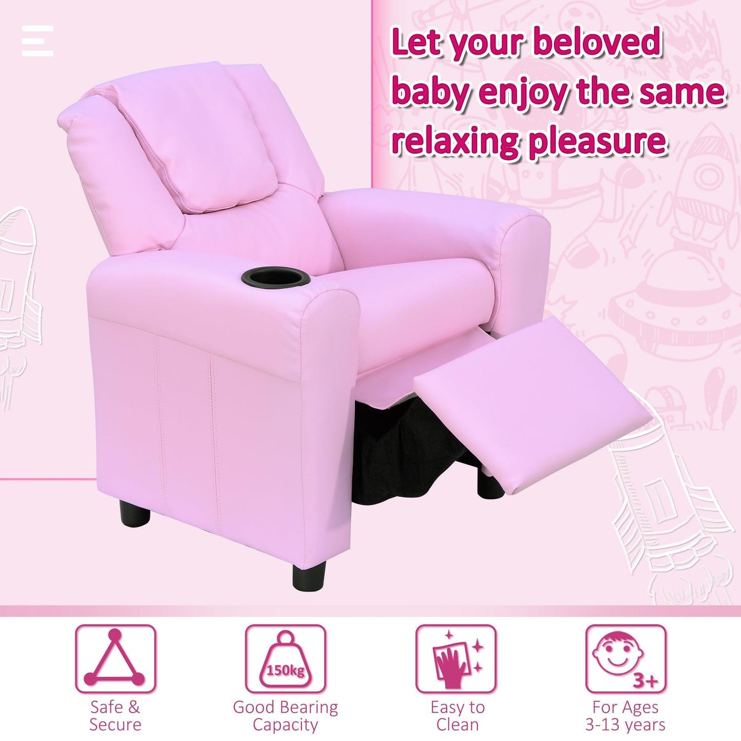 HOMCOM Pink Children's Recliner Armchair with Cup Holder - ALL4U RETAILER LTD