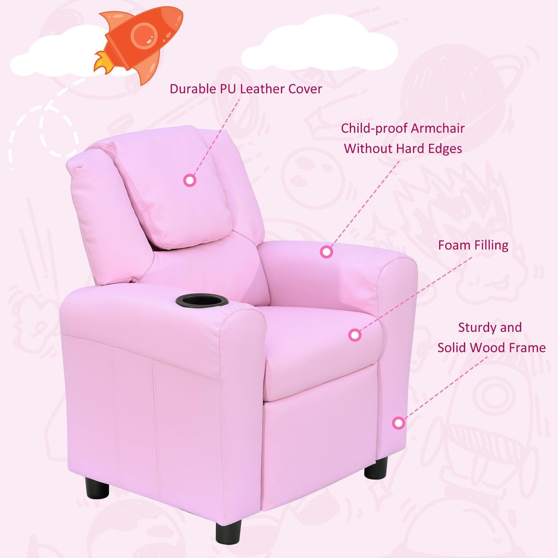 HOMCOM Pink Children's Recliner Armchair with Cup Holder - ALL4U RETAILER LTD