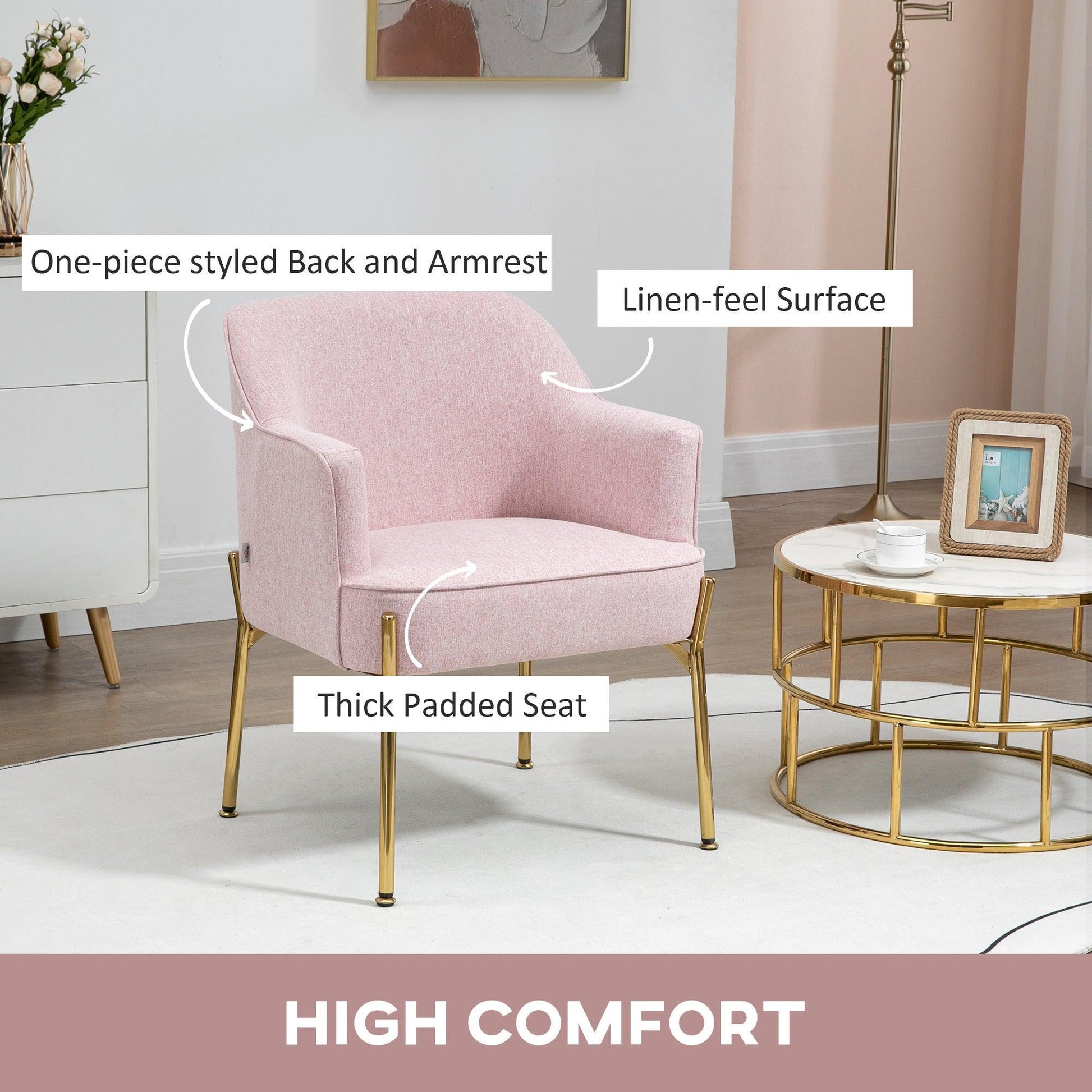 HOMCOM Pink Fabric Armchair with Metal Legs - ALL4U RETAILER LTD