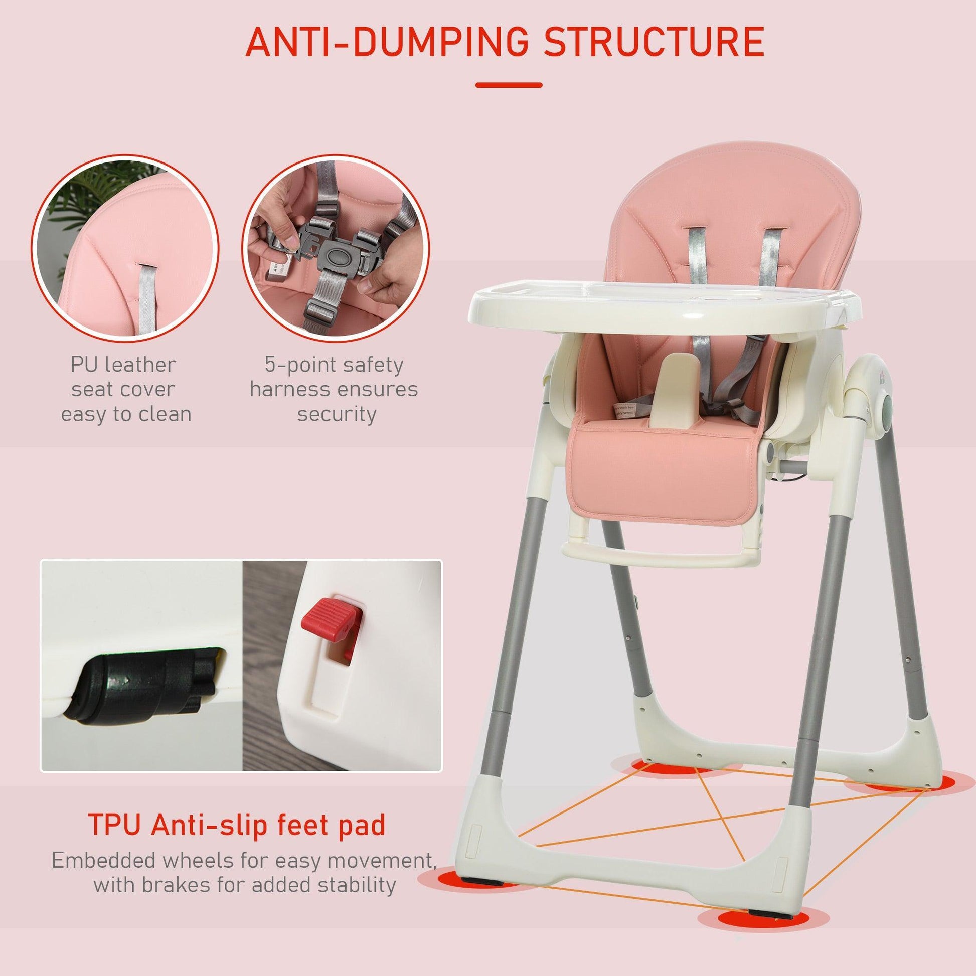 HOMCOM Pink Foldable High Chair: Adjustable & Portable - ALL4U RETAILER LTD