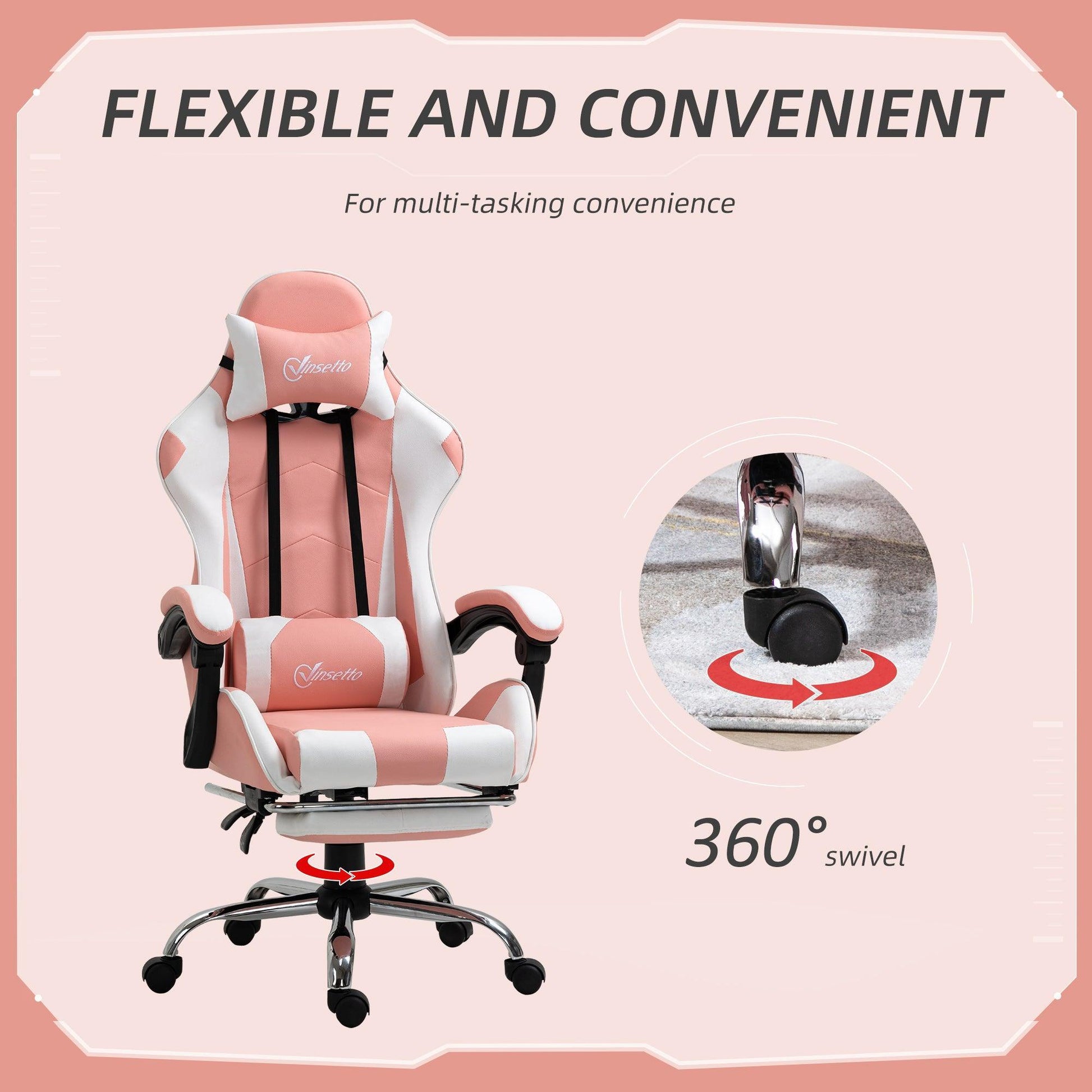 HOMCOM Pink Gaming Chair with Lumbar Support and Head Pillow - ALL4U RETAILER LTD