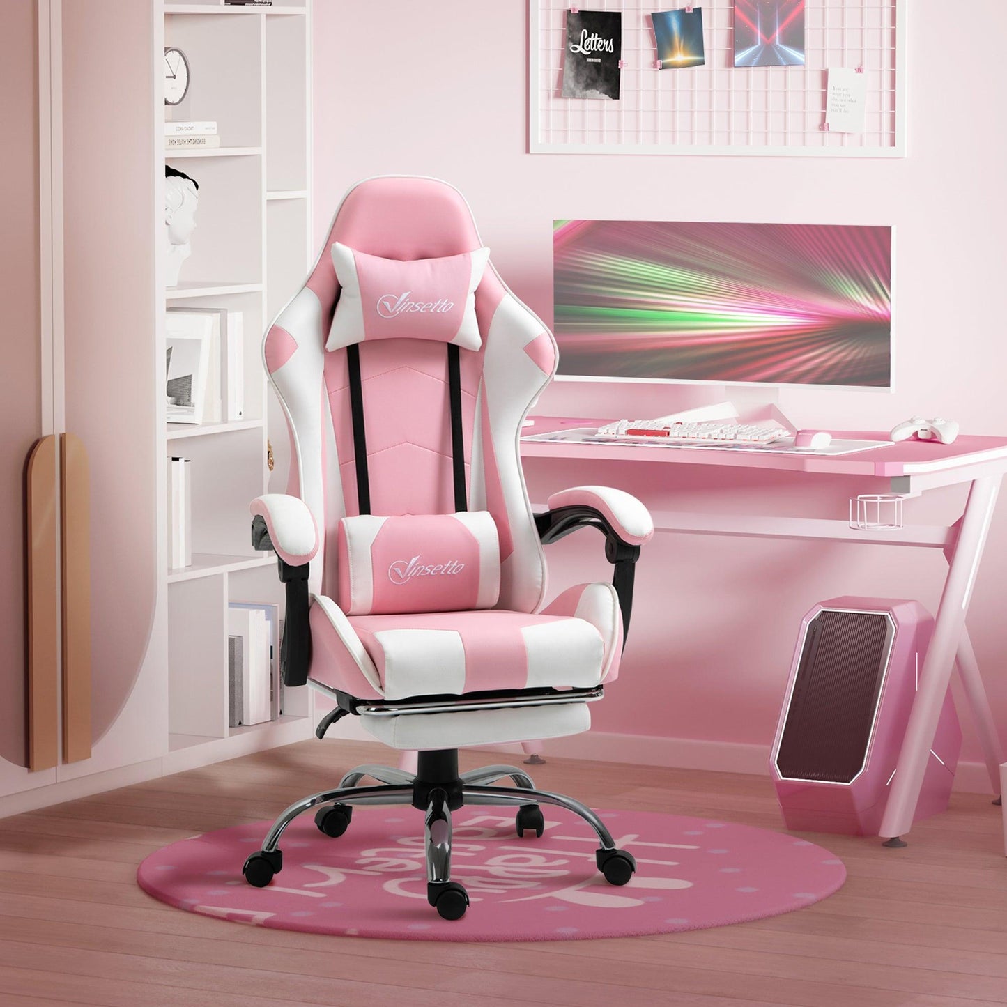 HOMCOM Pink Gaming Chair with Lumbar Support and Head Pillow - ALL4U RETAILER LTD