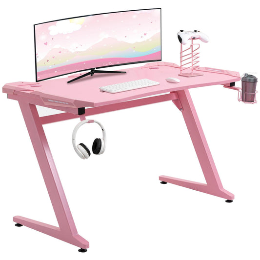 HOMCOM Pink Gaming Desk with Headphone Hook and Cup Holder - ALL4U RETAILER LTD