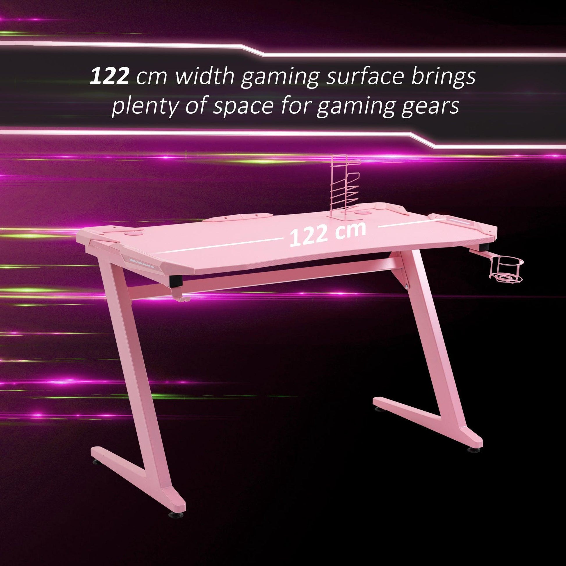 HOMCOM Pink Gaming Desk with Headphone Hook and Cup Holder - ALL4U RETAILER LTD