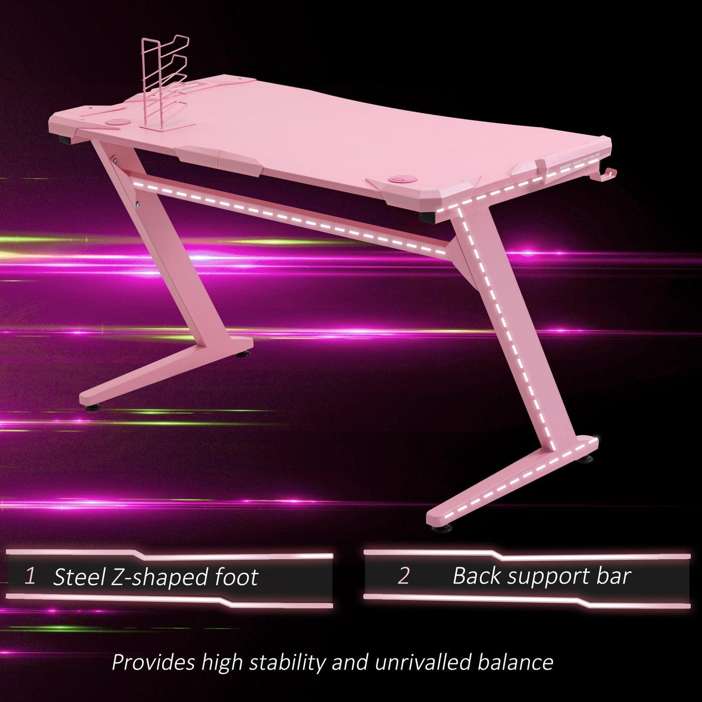 HOMCOM Pink Gaming Desk with Headphone Hook and Cup Holder - ALL4U RETAILER LTD