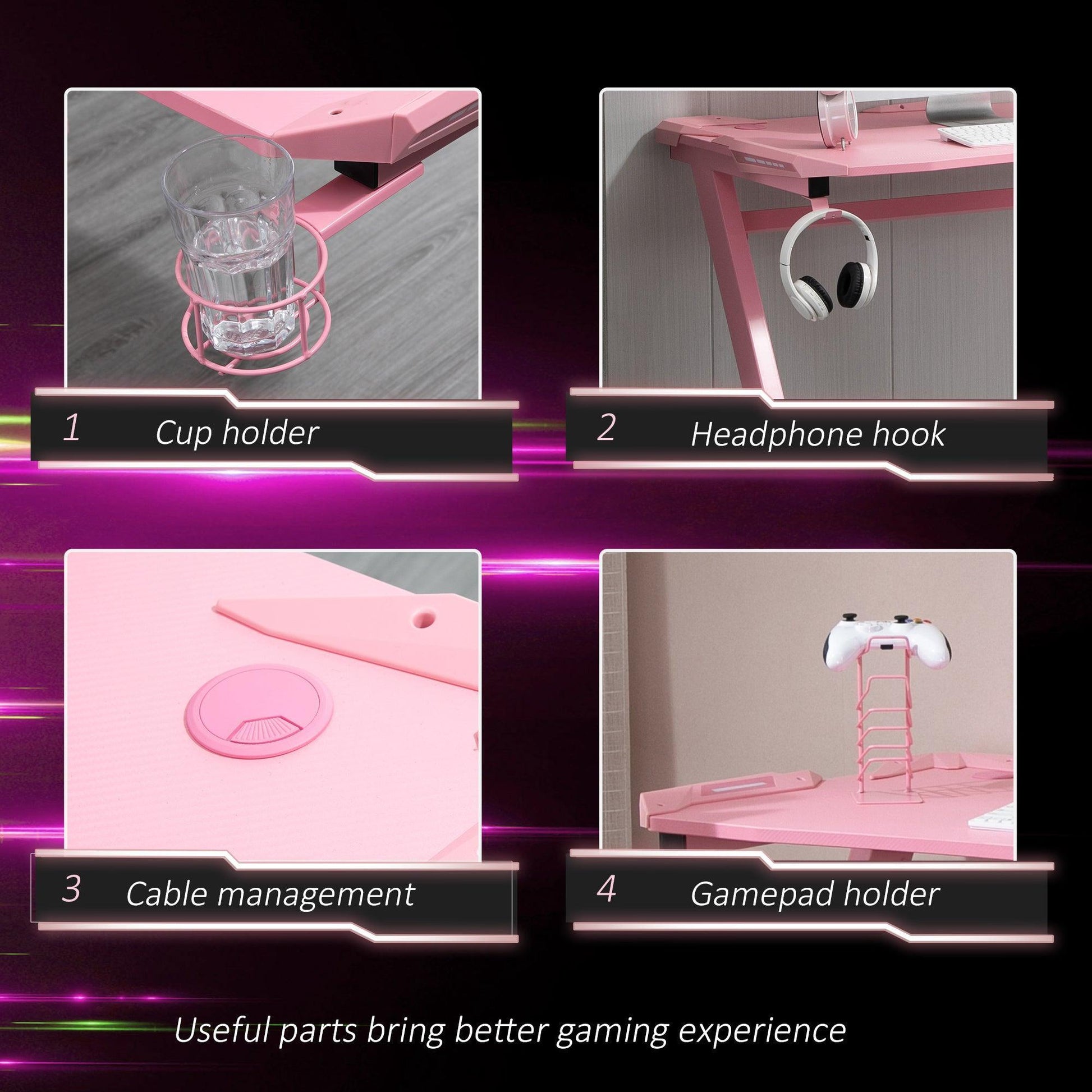 HOMCOM Pink Gaming Desk with Headphone Hook and Cup Holder - ALL4U RETAILER LTD