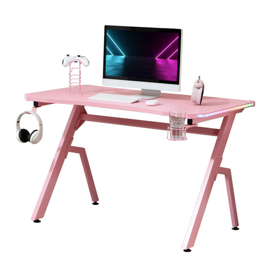 HOMCOM Pink Gaming Desk with RGB LED Lights - ALL4U RETAILER LTD
