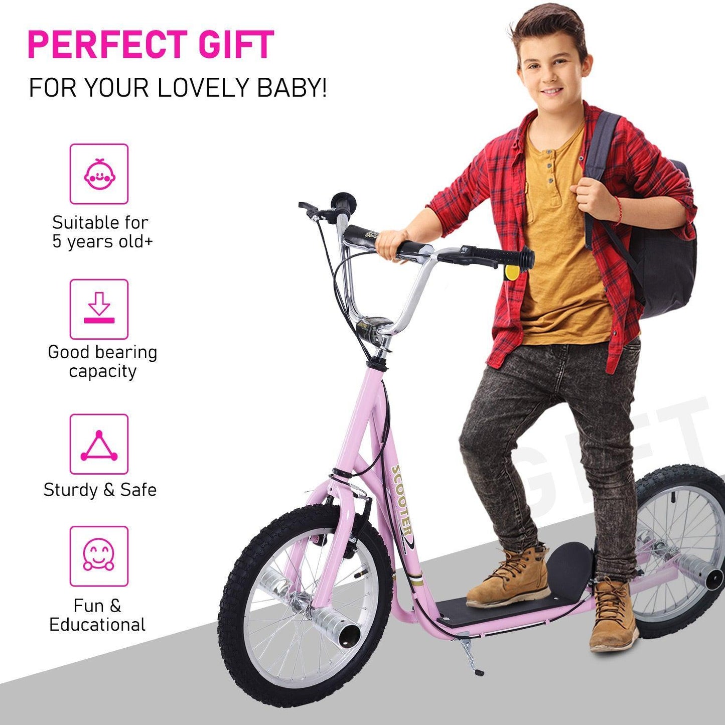 HOMCOM Pink Non-Electric Pneumatic 16 Tire Scooter - ALL4U RETAILER LTD