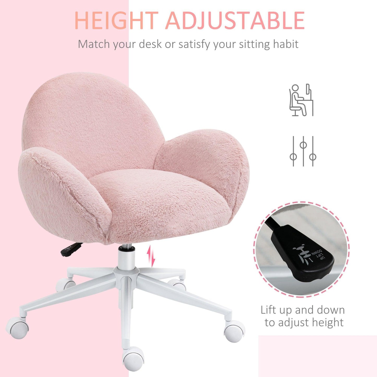 HOMCOM Pink Office Chair with Backrest and Armrest - Home and Bedroom - ALL4U RETAILER LTD