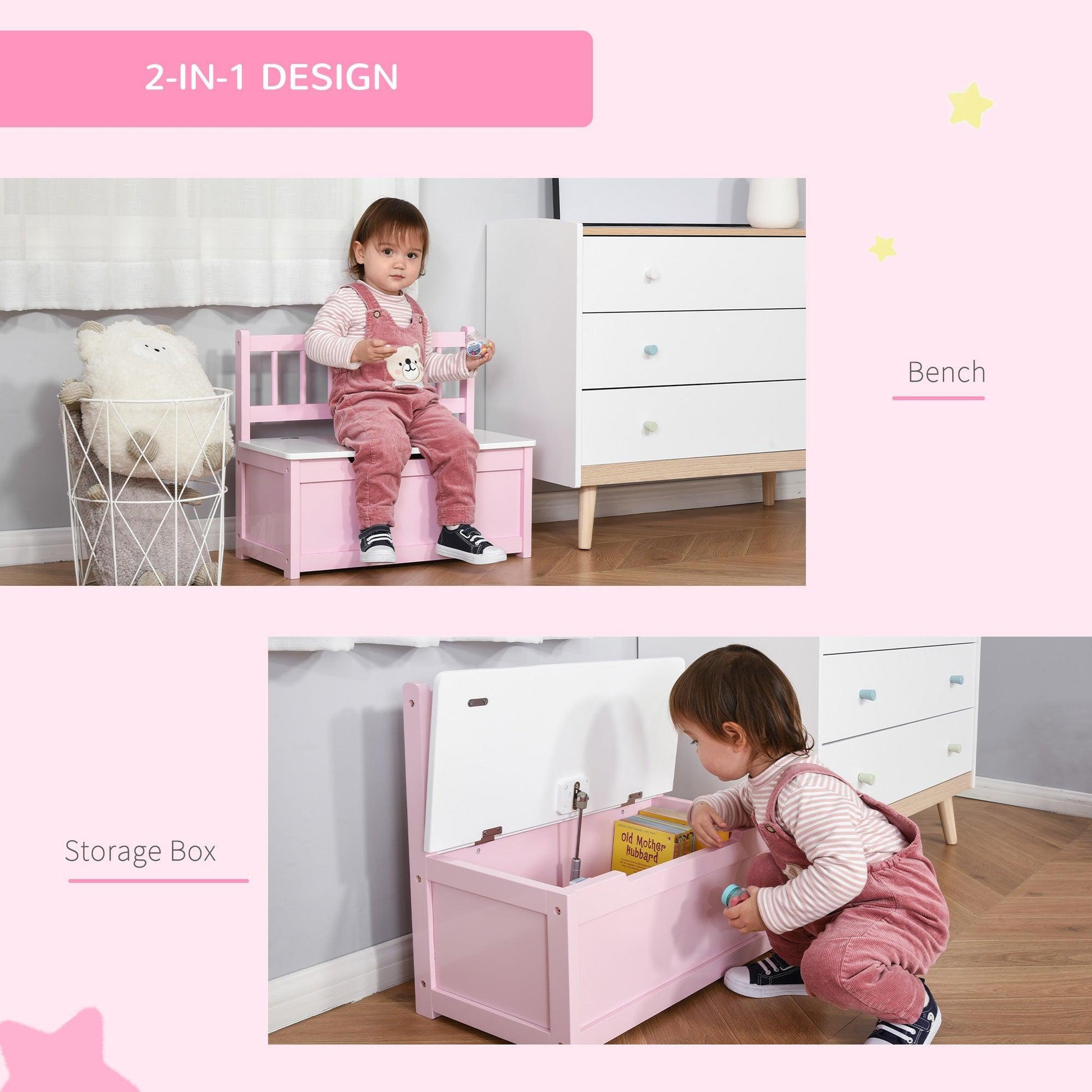 HOMCOM Pink Toy Box with Seat - 60x30x50cm - ALL4U RETAILER LTD