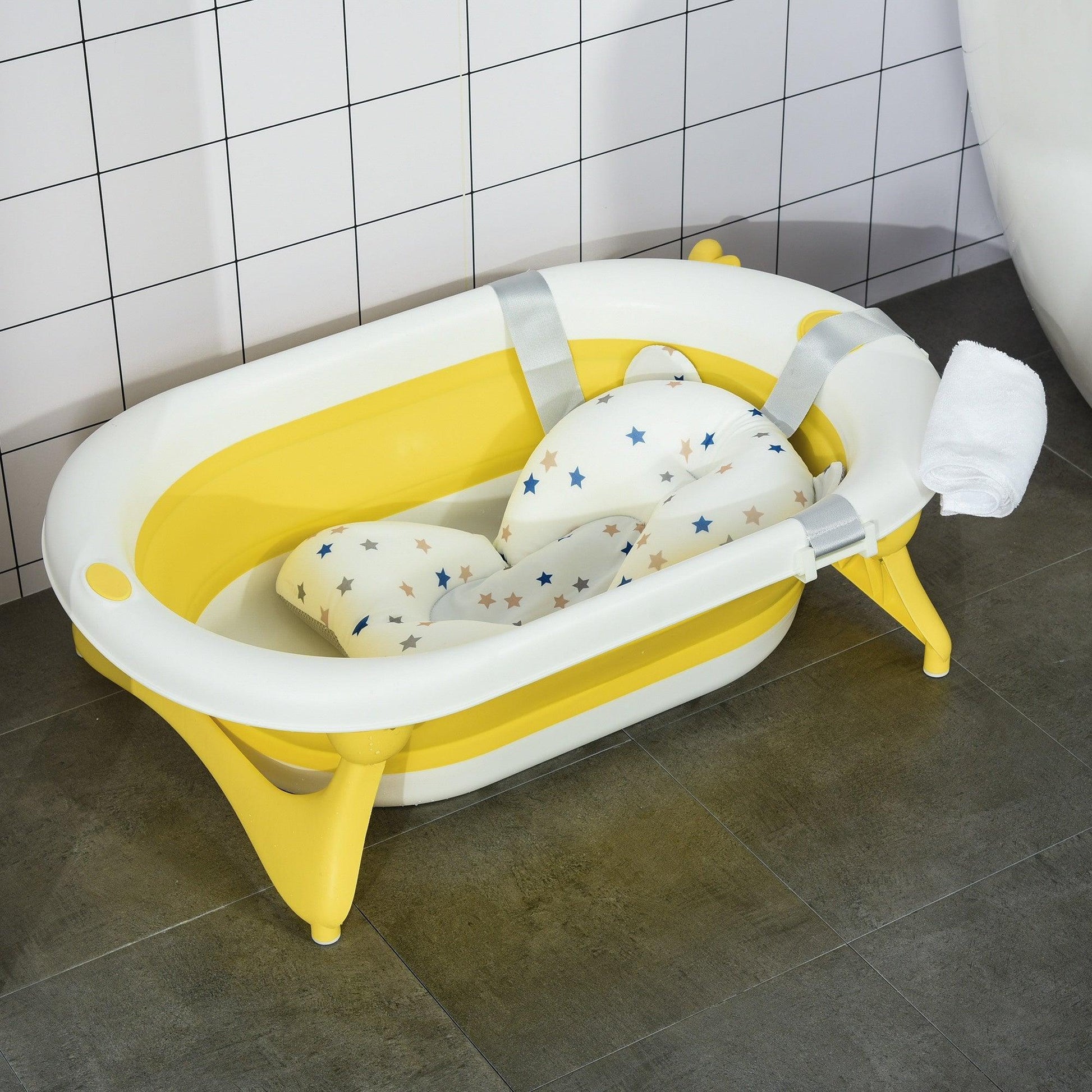HOMCOM Portable Baby Bath Tub with Cushion - Yellow - ALL4U RETAILER LTD