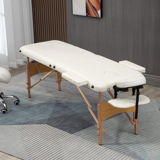 HOMCOM Portable Massage Table, 2-Section Foldable Bed - Cream - ALL4U RETAILER LTD