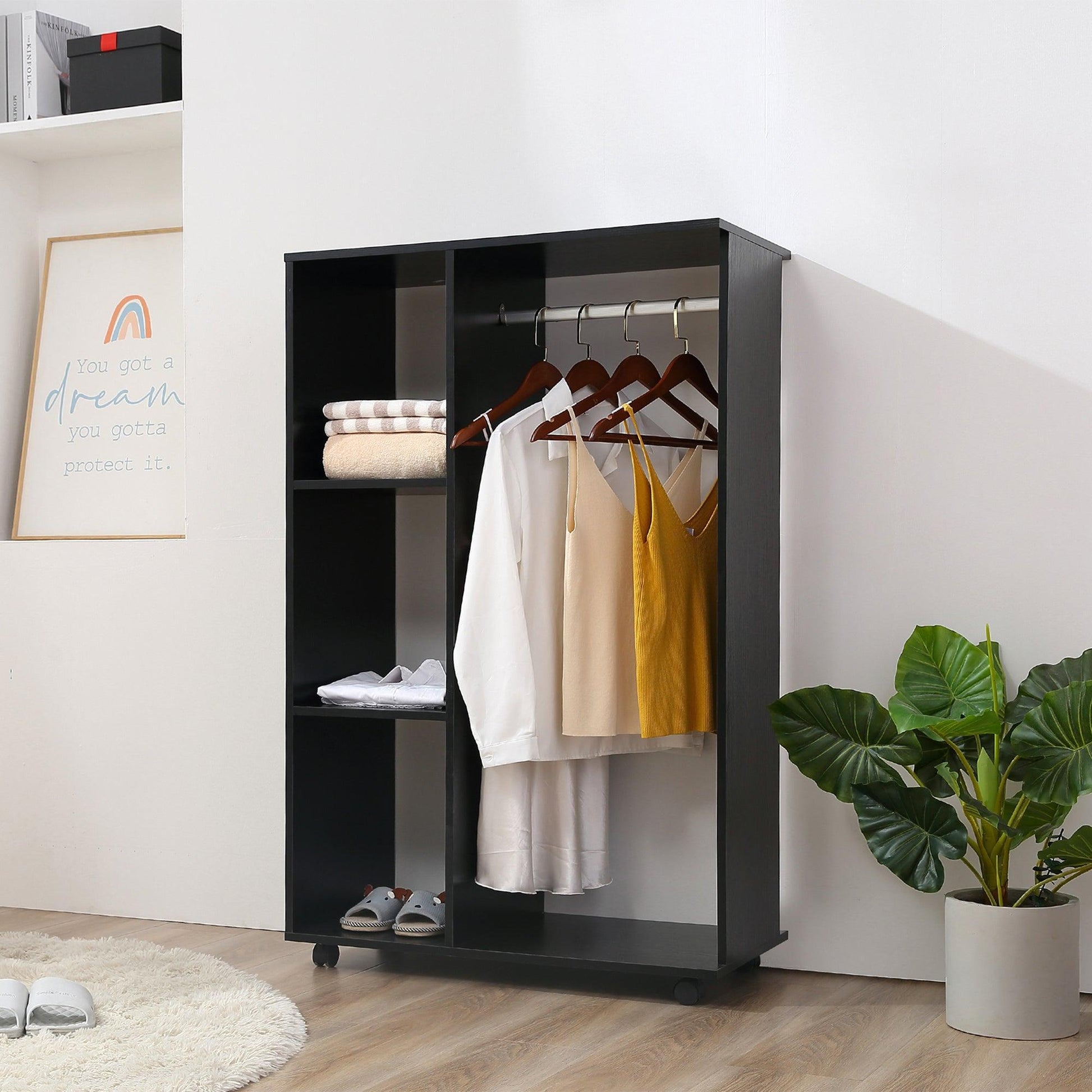 HOMCOM Portable Wardrobe with Hanging Rail & Storage Shelves - Black - ALL4U RETAILER LTD