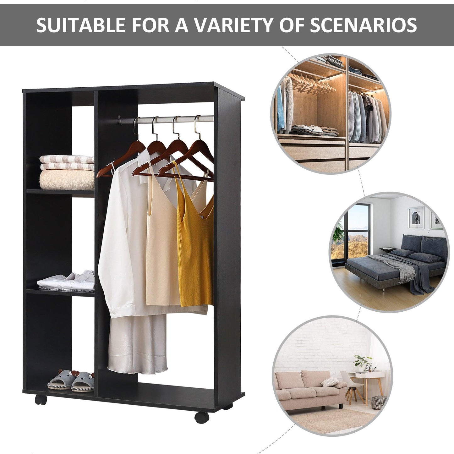 HOMCOM Portable Wardrobe with Hanging Rail & Storage Shelves - Black - ALL4U RETAILER LTD