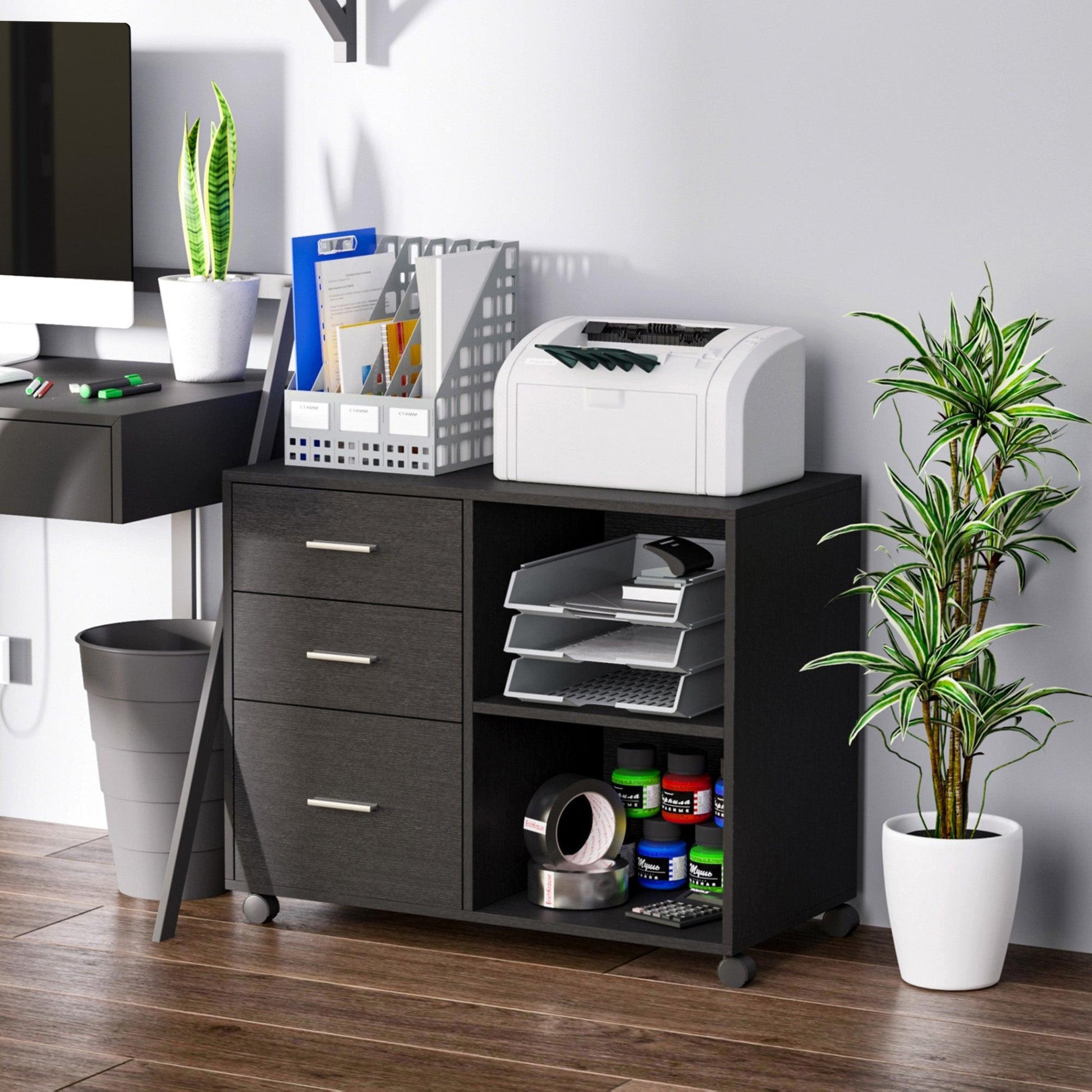 HOMCOM Printer Stand with Drawers & Shelves - Black - ALL4U RETAILER LTD