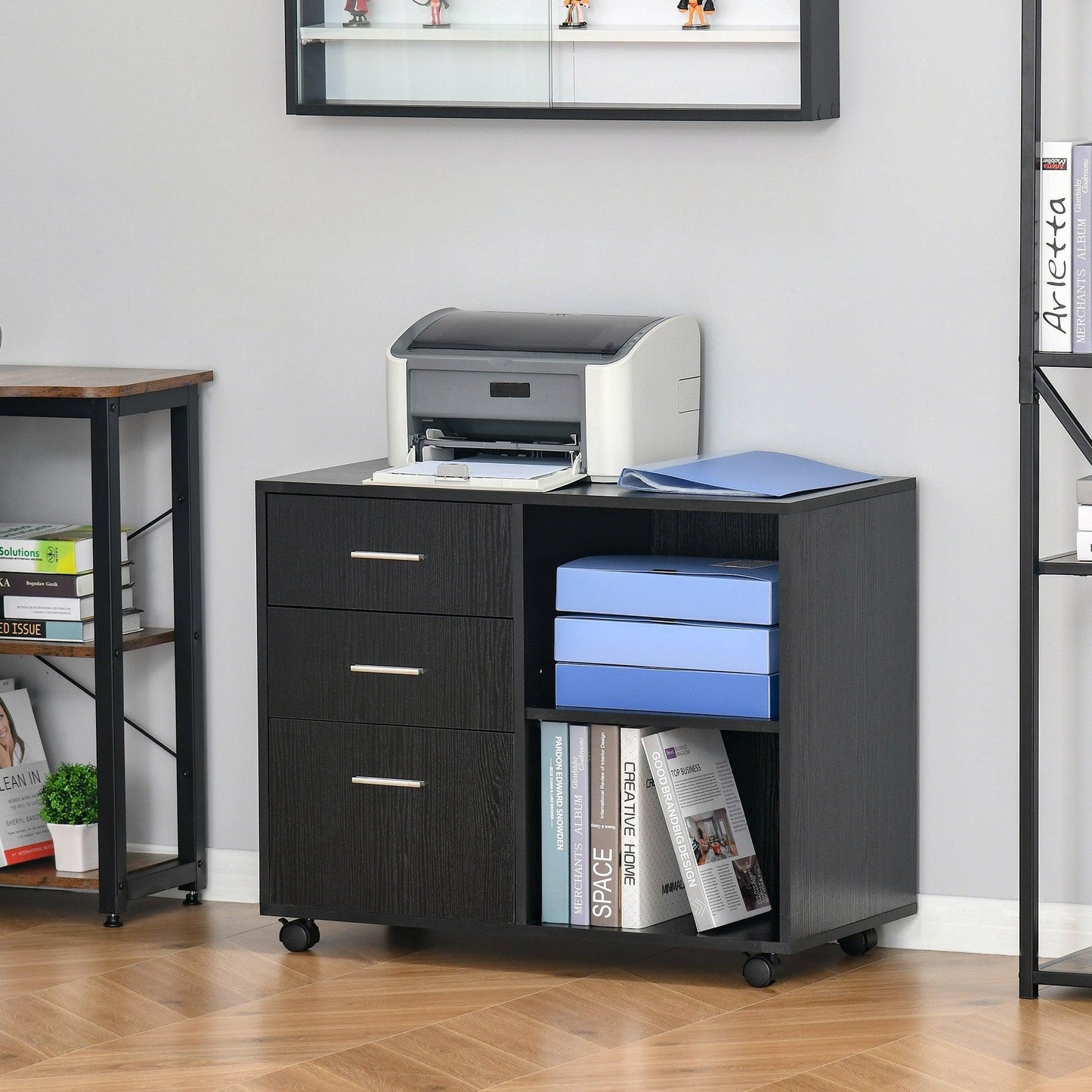 HOMCOM Printer Stand with Drawers & Shelves - Black - ALL4U RETAILER LTD