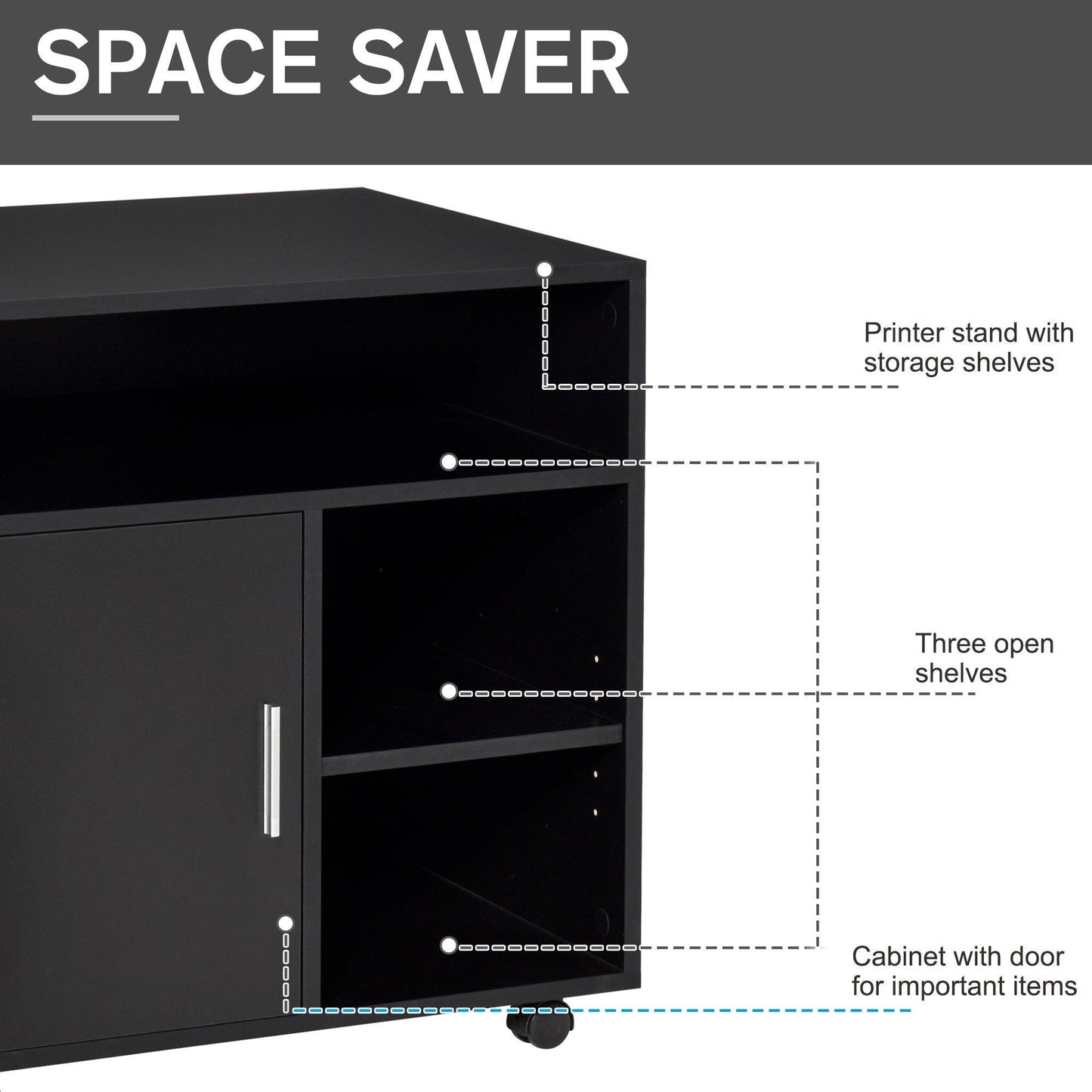 HOMCOM Printer Stand with Wheels - Modern Style, Black (60x50x65.5cm) - ALL4U RETAILER LTD