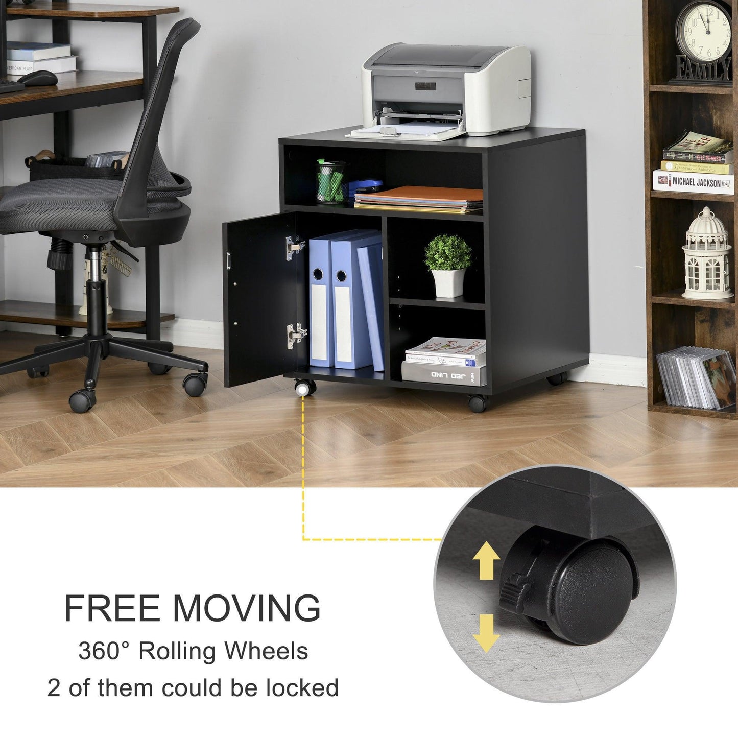 HOMCOM Printer Stand with Wheels - Modern Style, Black (60x50x65.5cm) - ALL4U RETAILER LTD