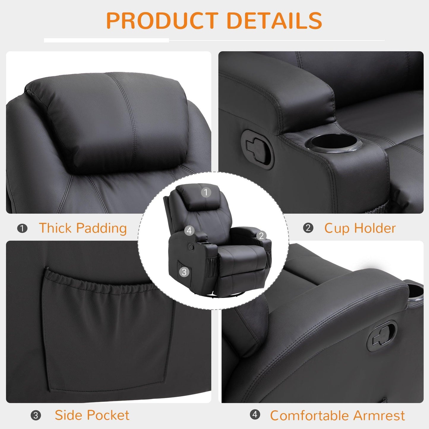 HOMCOM PU Leather Massage Swivel Chair, Black - ALL4U RETAILER LTD