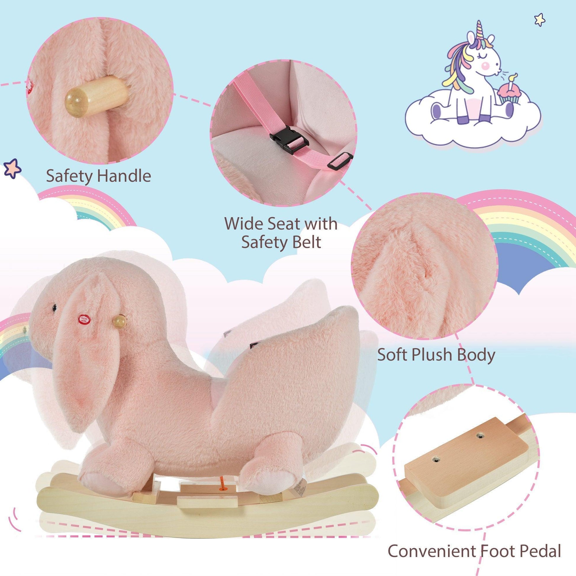 HOMCOM Rabbit Plush Rocking Ride On - Pink - ALL4U RETAILER LTD