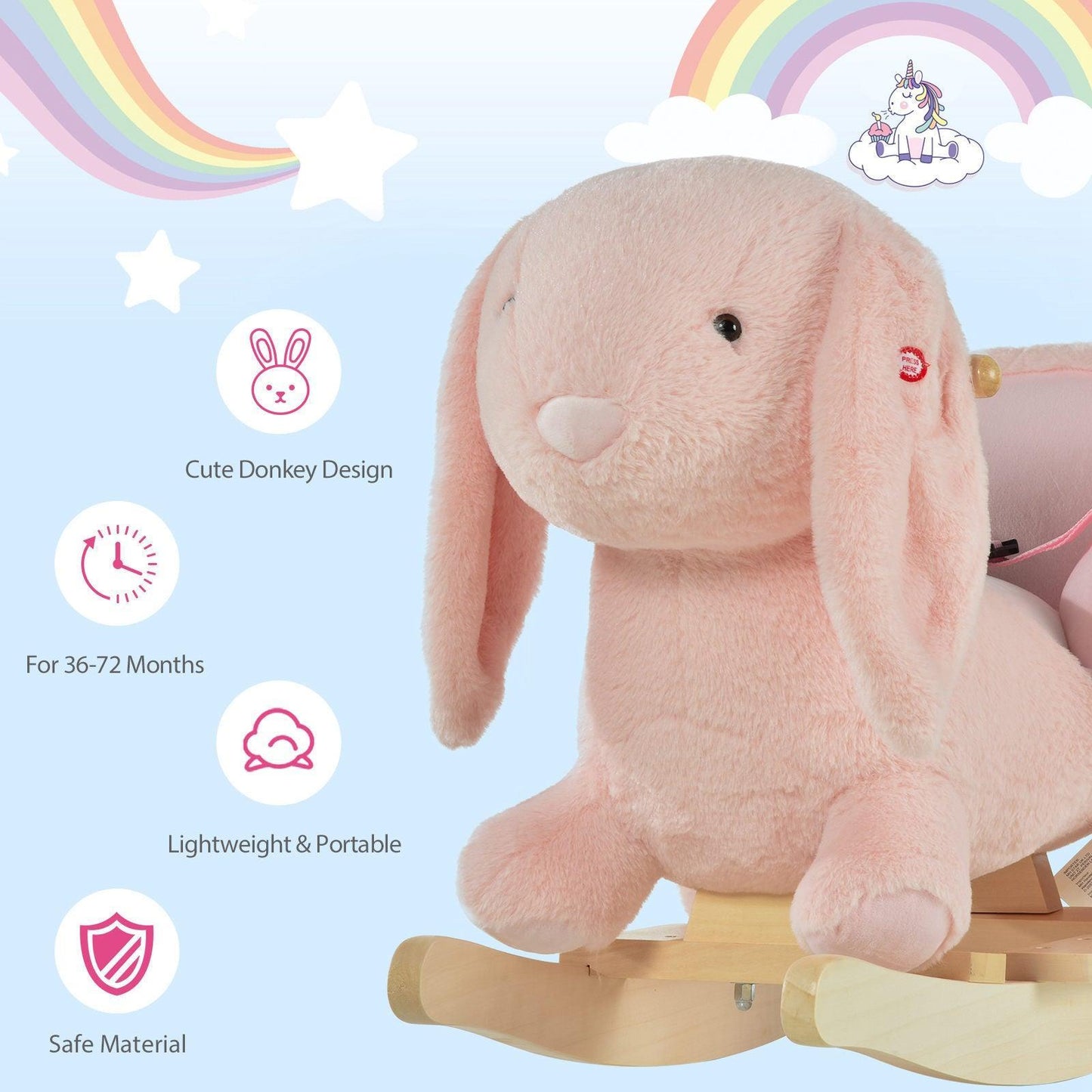 HOMCOM Rabbit Plush Rocking Ride On - Pink - ALL4U RETAILER LTD