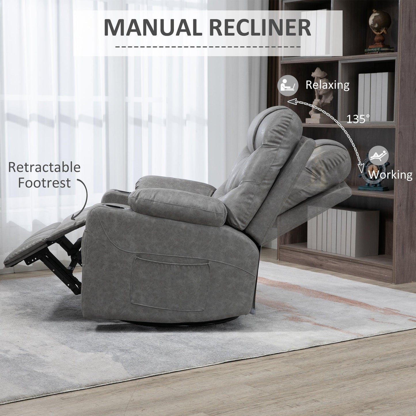 HOMCOM Reclining Armchair with Cup Holders, Grey - ALL4U RETAILER LTD