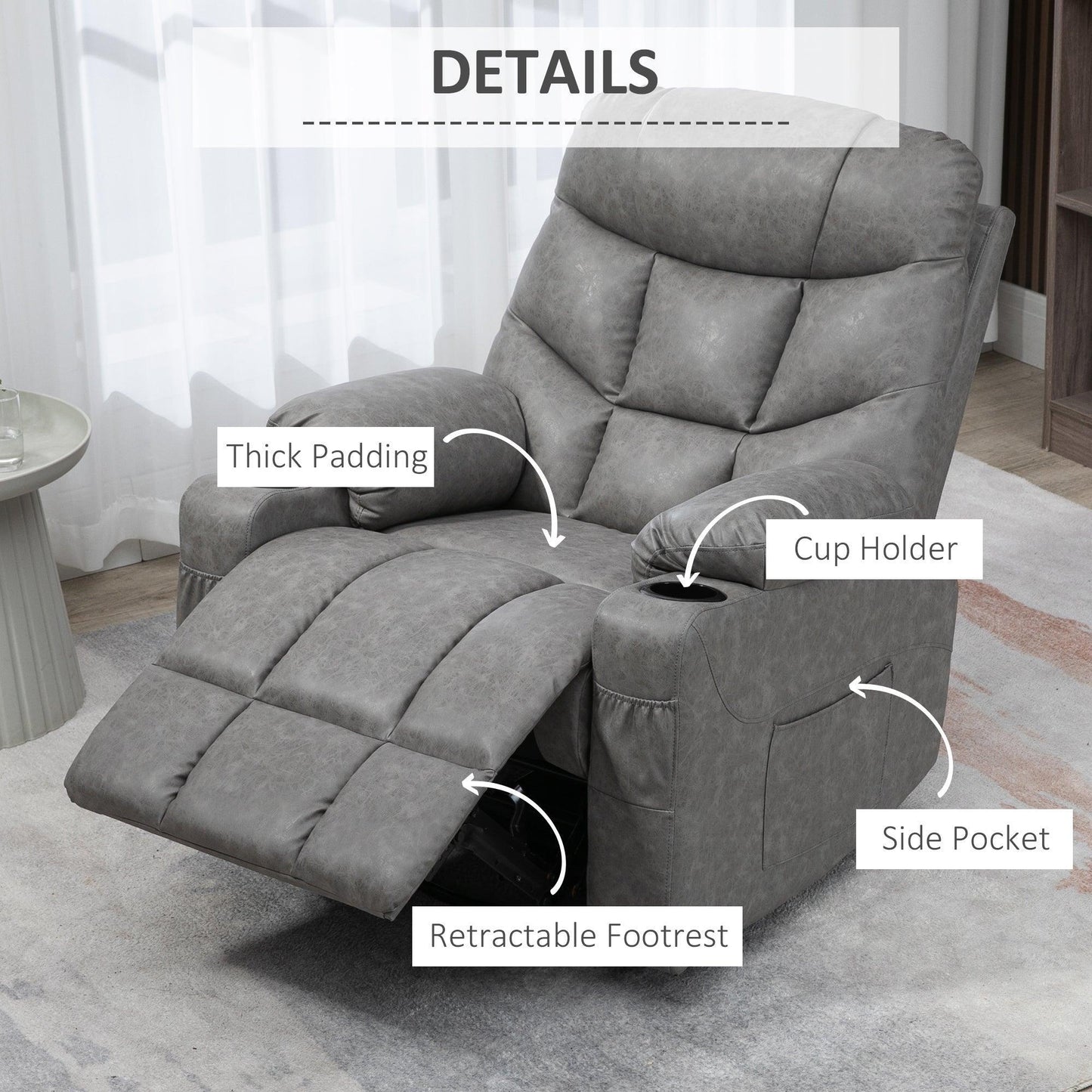 HOMCOM Reclining Armchair with Cup Holders, Grey - ALL4U RETAILER LTD