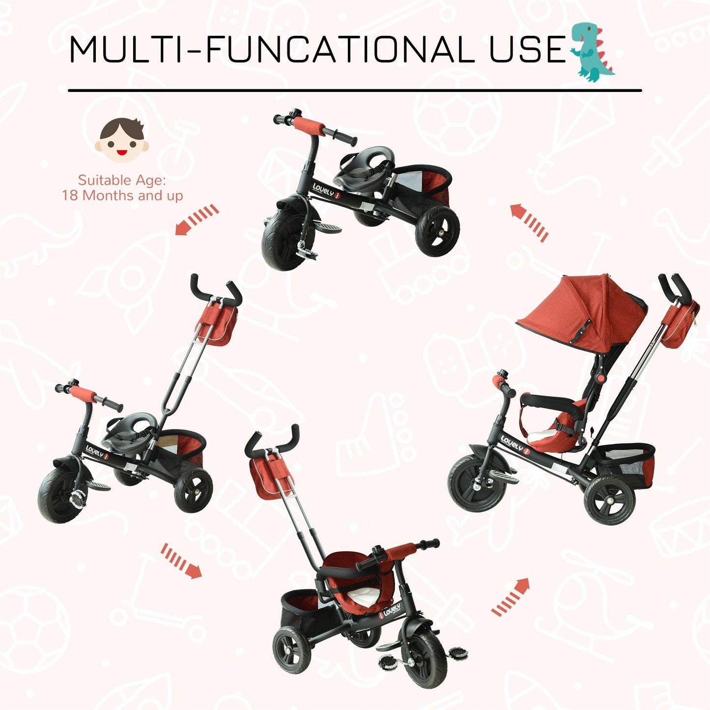 HOMCOM Red Tricycle for Babies - Canopy Included - ALL4U RETAILER LTD